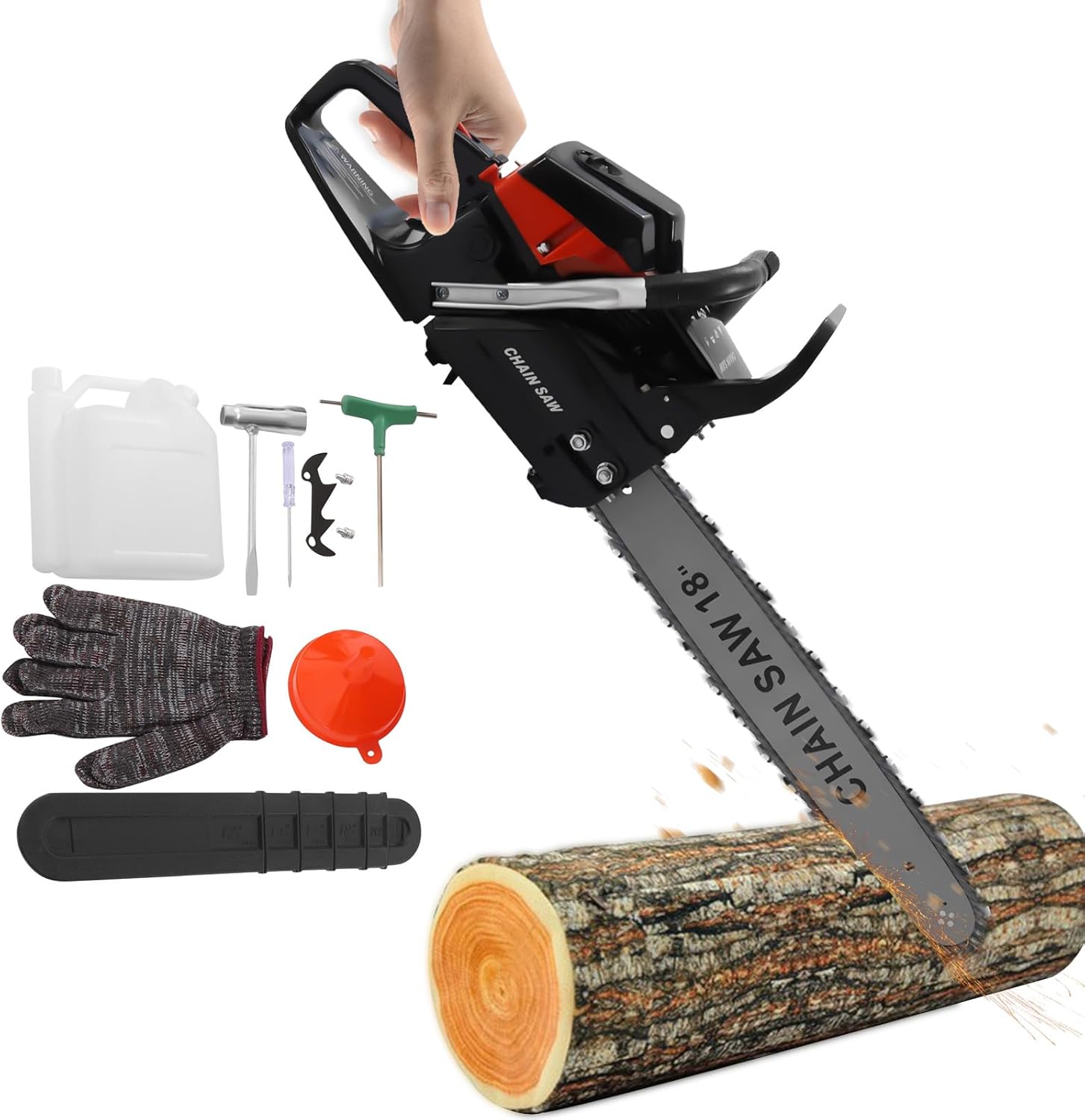 18Inch Gas Chainsaw, 2-Stroke 4.4HP Engine Handheld Gas Power Chain Saw with Air-cooled, Pull Start Petrol Saws Set for Wood Cutting, Garden Pruning, Forest Logging, 10500RPM