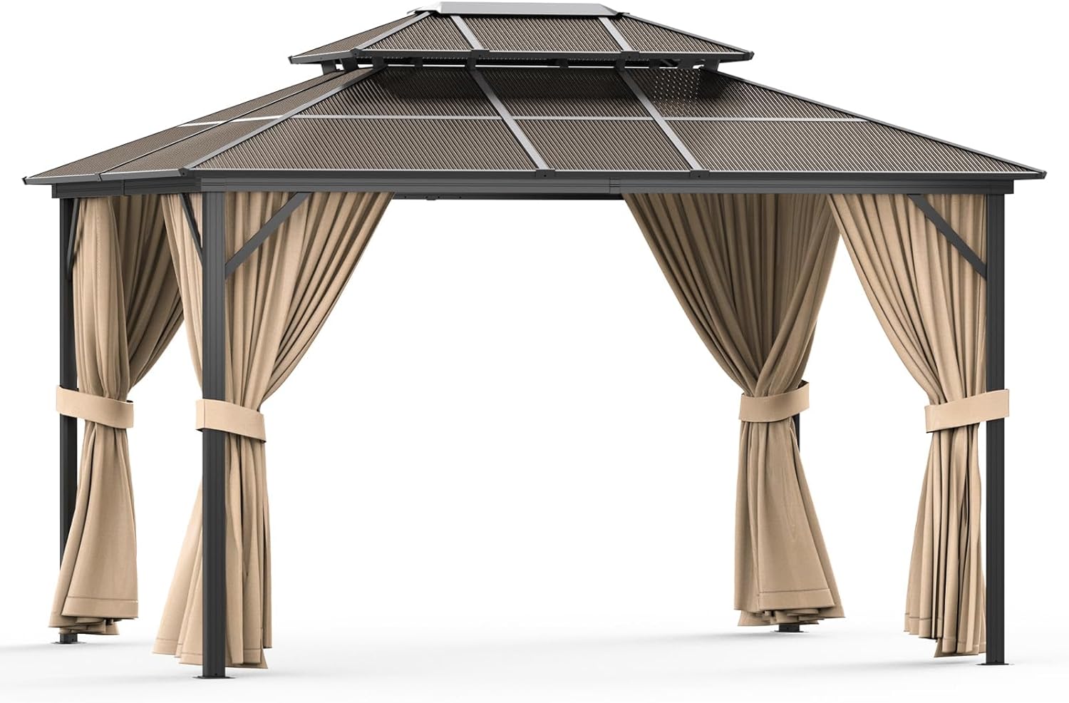 13' x 10' Hardtop Gazebo with Double Roof - Heavy Duty Aluminum Frame, All-Weather Canopy with Netting for Patio/Garden/Poolside (Khaki)