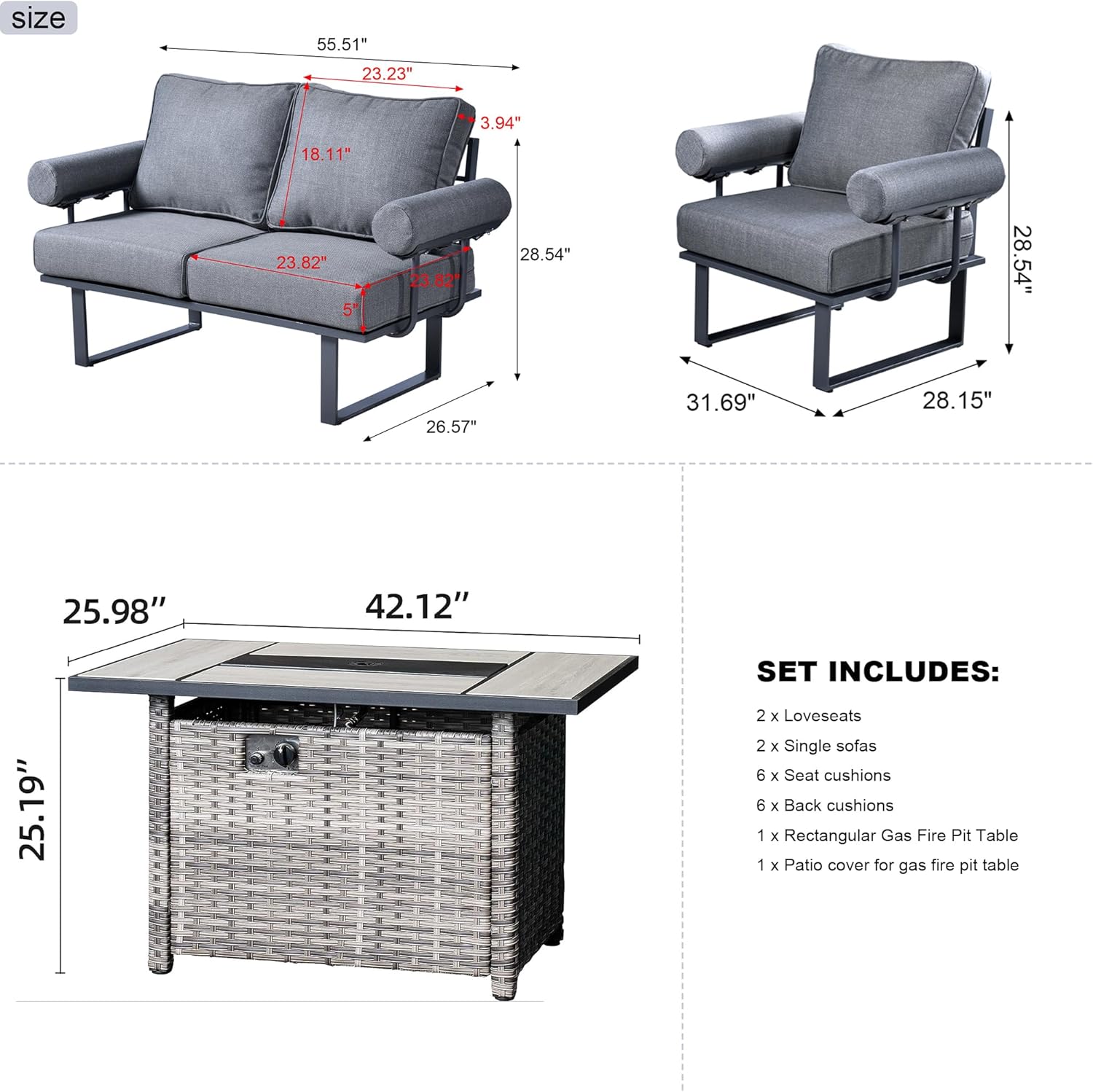 HOOOWOOO 5 Piece Outdoor Patio Furniture Set with Fire Pit,Aluminum Outside Modern Conversation Sofa,Weather Resistant Couch Seating with Table Cushioned Arm,Grey Stripe
