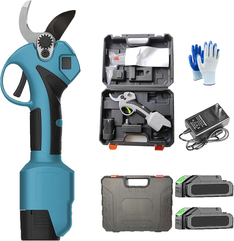 Garden Electric Pruning Shears with Battery and Charger, Portable Cordless Pruning Shears Cutting 1.2inch Diameter Pruner Branch Electric Cutter for Gardening 21V Battery (Blue-2 Batteries)
