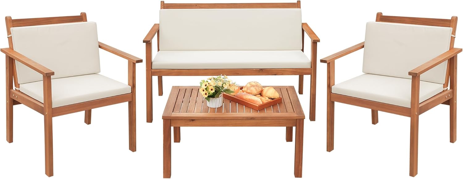 Greesum 4 Piece Bistro Patio Furniture Outdoor Chat Chair Set with Water Resistant Cushions and Coffee Table for Beach Backyard Garden, Acacia Wood