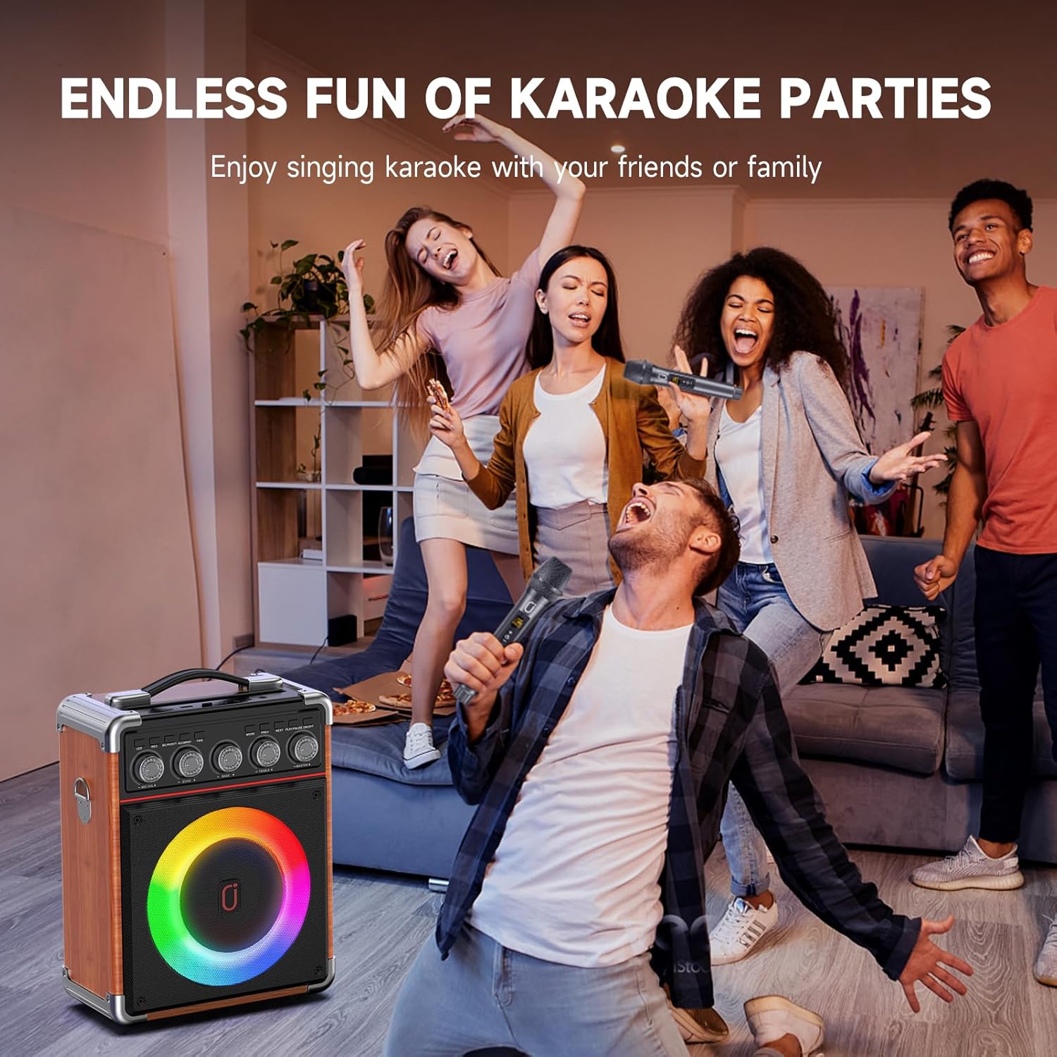 Karaoke Machine with 2 Microphones: HWWR Portable Karaoke Machine for Adults Kids Gifts, Party Bluetooth Speaker with Bass/Treble PA System with Remoter DJ Lights Support TV/REC/USB/AUX/TF (100W WOOD)