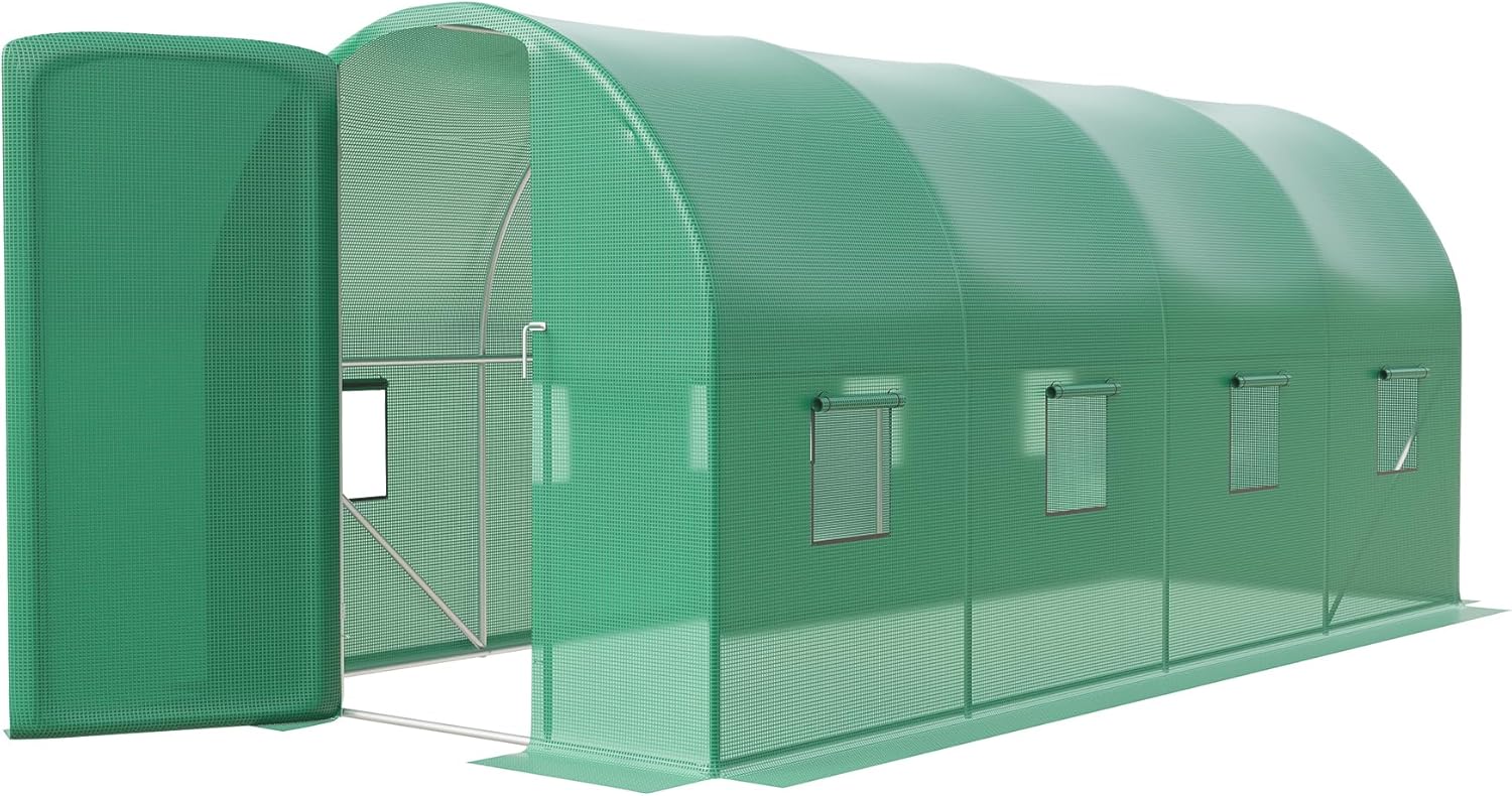 CABIHOME 15x6.5x6.5 FT Large Walk-in Greenhouse , A Swing Door, 8 Screen Window, Outdoor Plant Houses with Upgraded Tunnel Galvanized Steel Frame and PE Cover for Outside Garden Plant, Green
