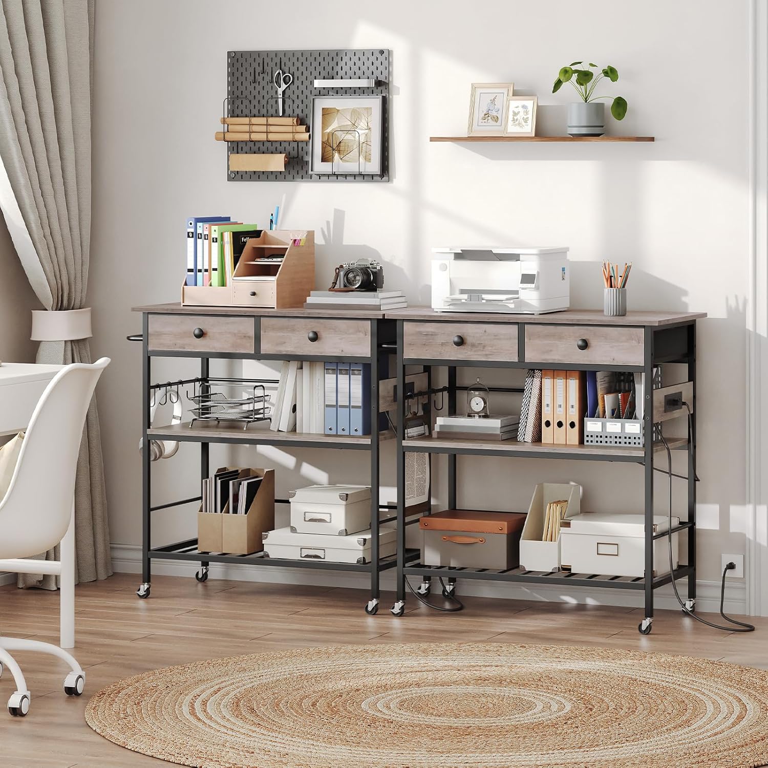 HOOBRO Kitchen Island Kitchen Island with Storage Bundle, Kitchen Island Table with Power Outlet, 3 Tier Coffee Station and Microwave Stand, Greige and Black BG021ZD01-BG08UZD01