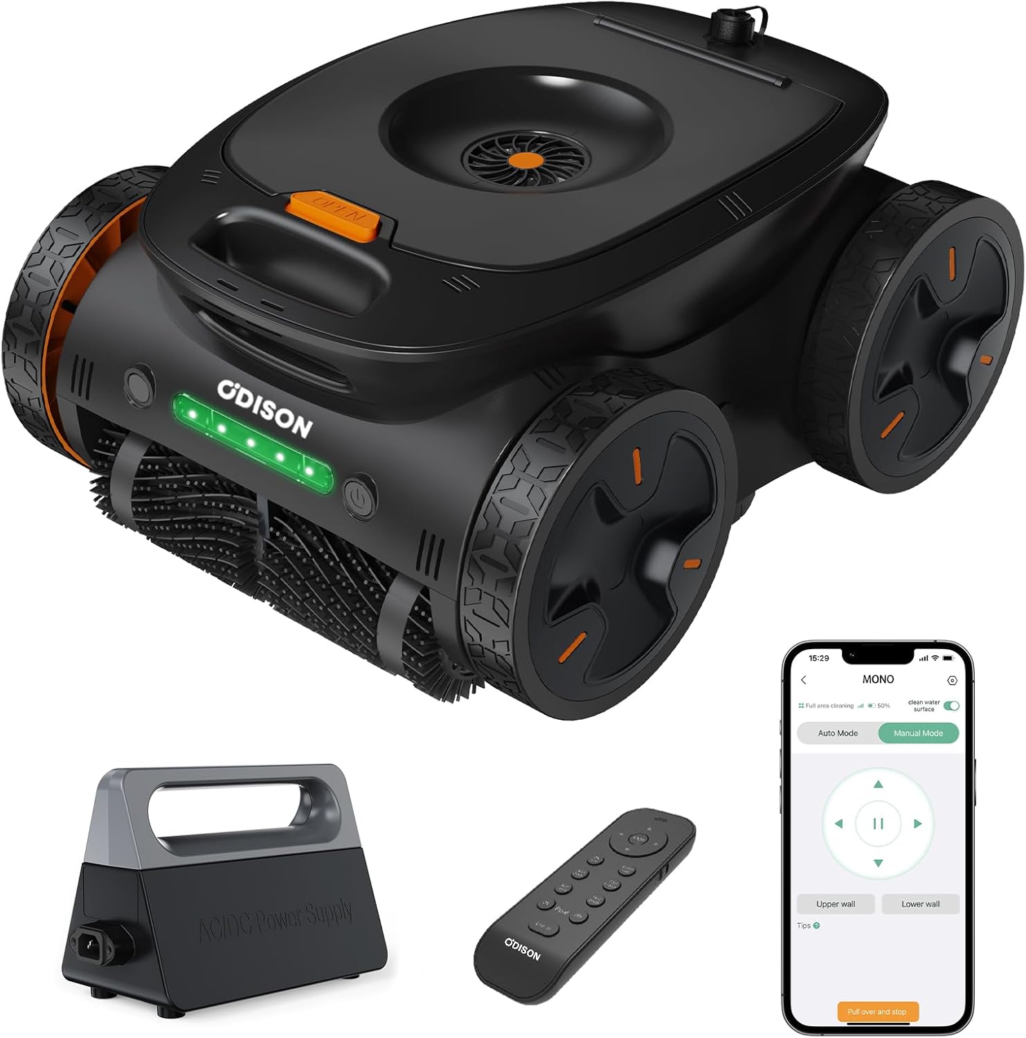 ODISON Mono SP Automatic Robotic Pool Vacuum Cleaner with APP/Remote,Wall Climbing, Multi-Sensor Navigation - Cleans Floor, Walls & Waterline - Pools up to 8611 sq ft - Works 8+ Hours (Black)