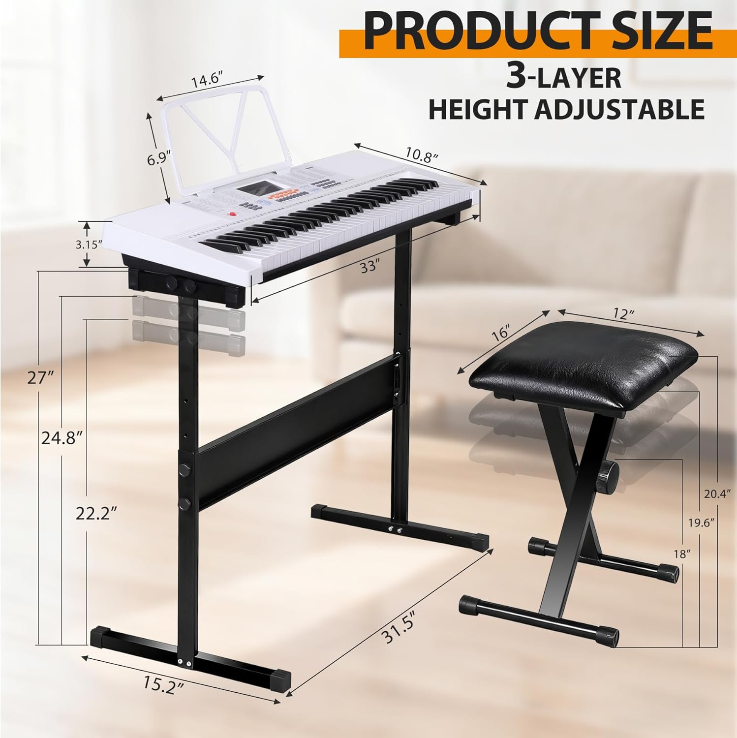 61 Keys Electronic Keyboard Piano Complete LED Display Keyboard Kit with Stand Built-in Speakers Headphones Microphone Music Sheet Stand and Stool, White