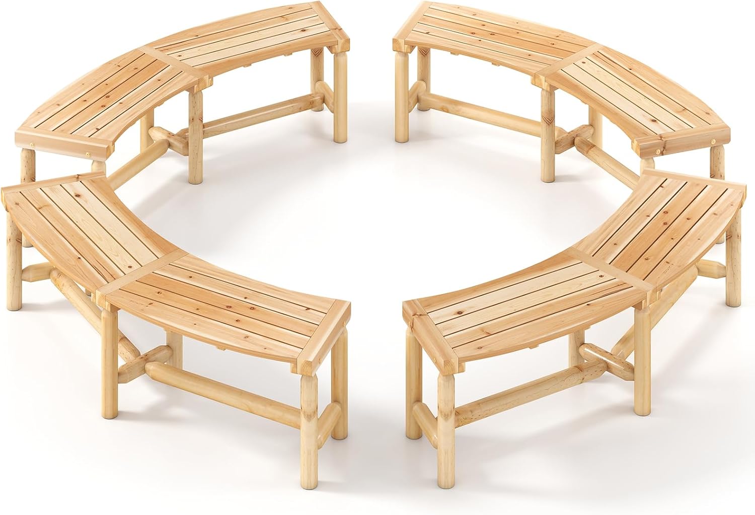Tangkula Patio Curved Bench Set of 4, Solid Wood Fire Pit Bench for 2-3 People, Outdoor Backless Loveseat for Backyard, Garden, Poolside, 800 LBS Max Load (Natural)