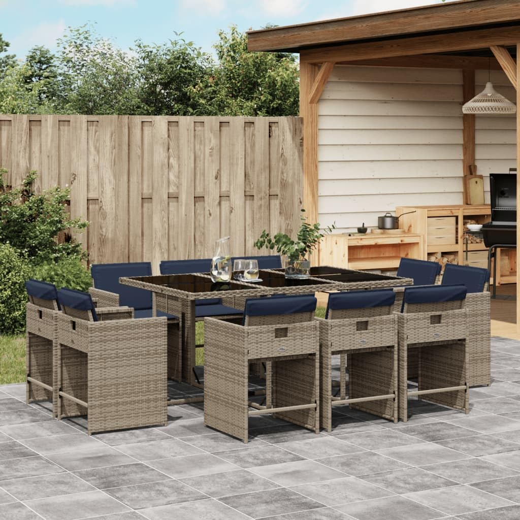 Furniture Sets 11 Piece Patio Dining Set with Cushions Gray Poly Rattan,Outdoor Furniture Set: Durable Rattan, Comfortable Seating, and SpaceSaving Design Garden Conversation Sets