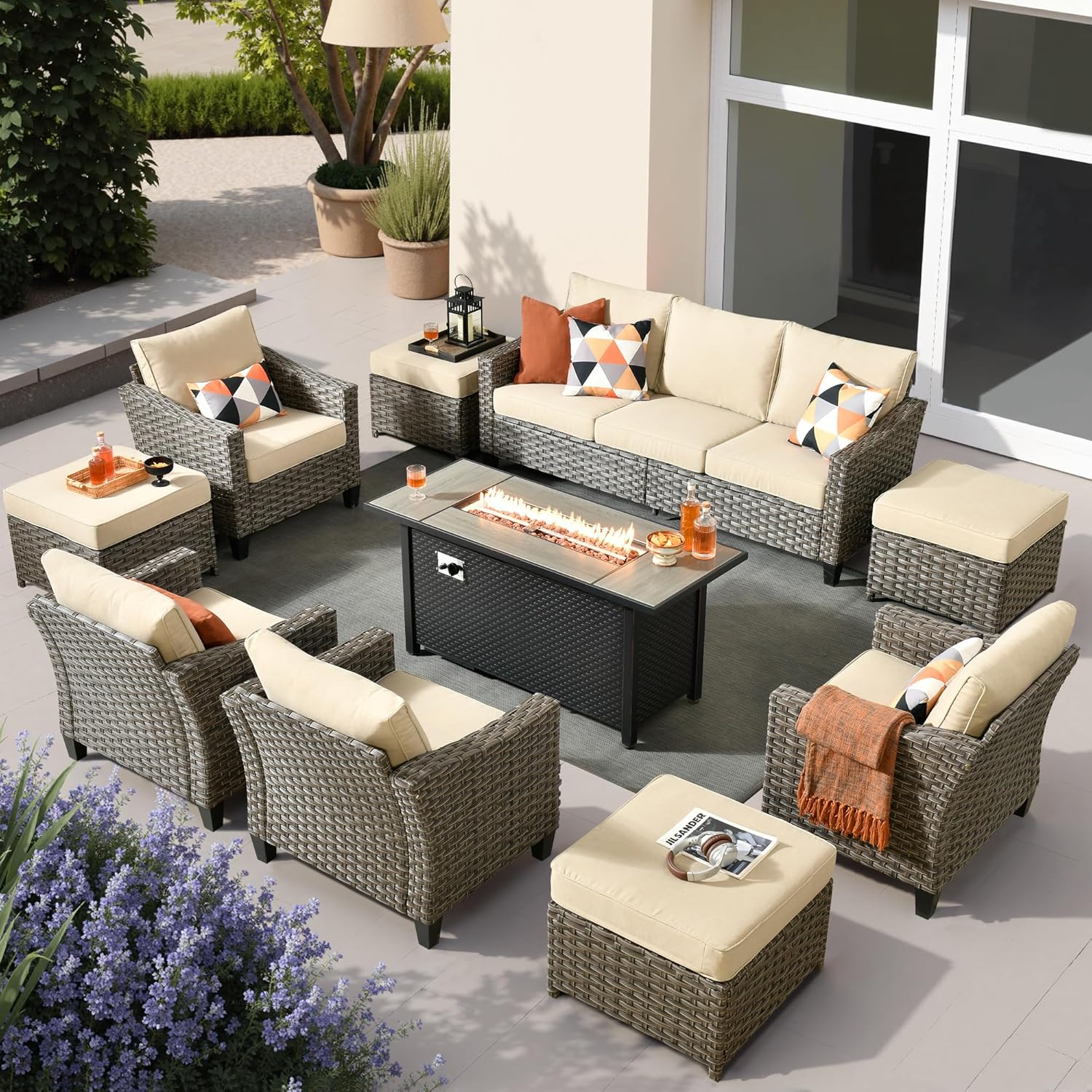 10 PCS Outdoor Patio Furniture 54in Set with Fire Pit Table, All-Weather Rattan Wicker Conversation Group with Deep Seating, High Back Comfort for Porch, Backyard, Beige