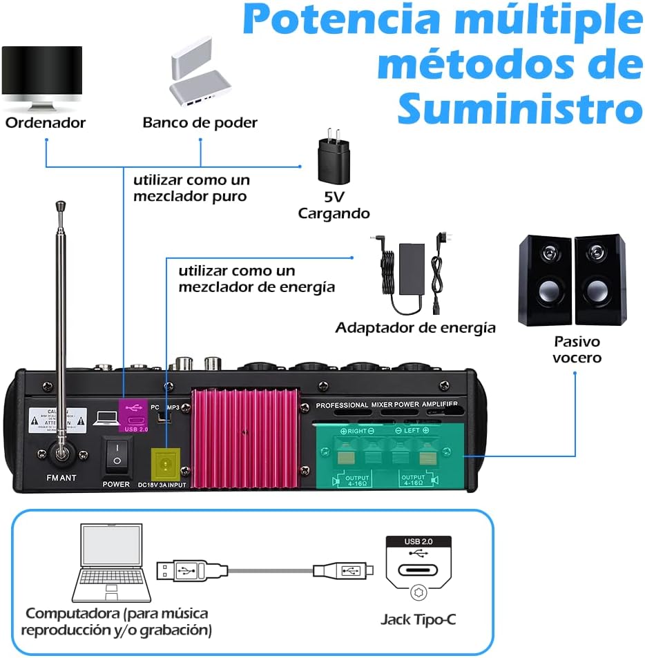 BOMGE 6 Channel dj powered audio sound mixer amplifier,100 W Stereo Speaker Home Audio Receiver effects, 48V phantom Power, USB, Bluetooth ，for home theater system, Karaoke, Streaming