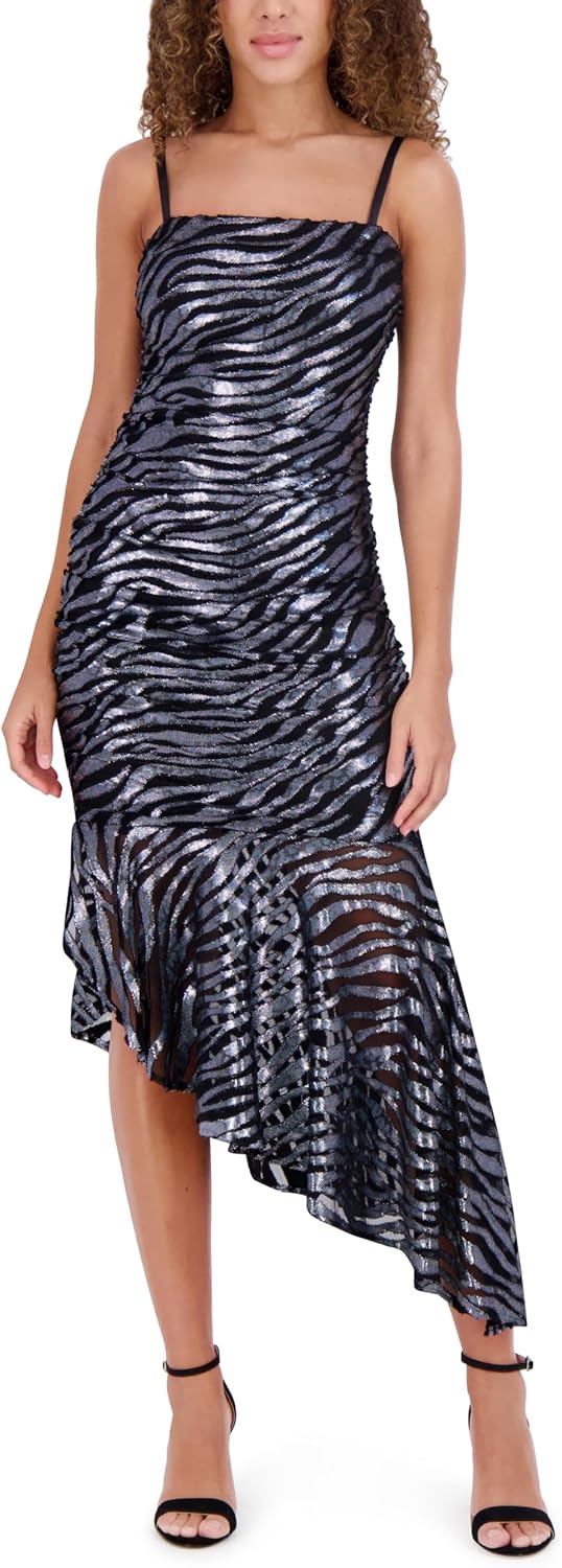 Siena Womens Removable Straps Bandeau Printed Stretch Mesh Asymmetrical Midi Dress