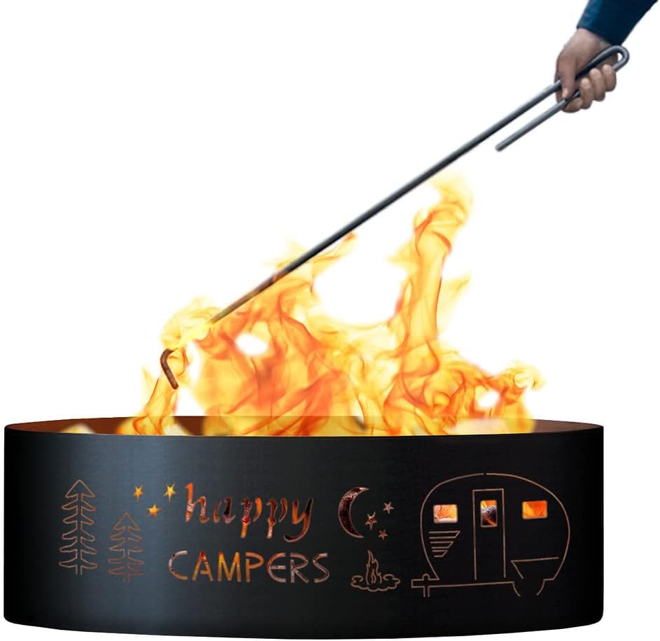PD Metals HPC01837-FP Happy Camper Unpainted 12 in. Tall 37 in. Diameter Outdoor Fire Ring with Fire Poker - 37 x 37 x 12 in. - Rustic Black Color