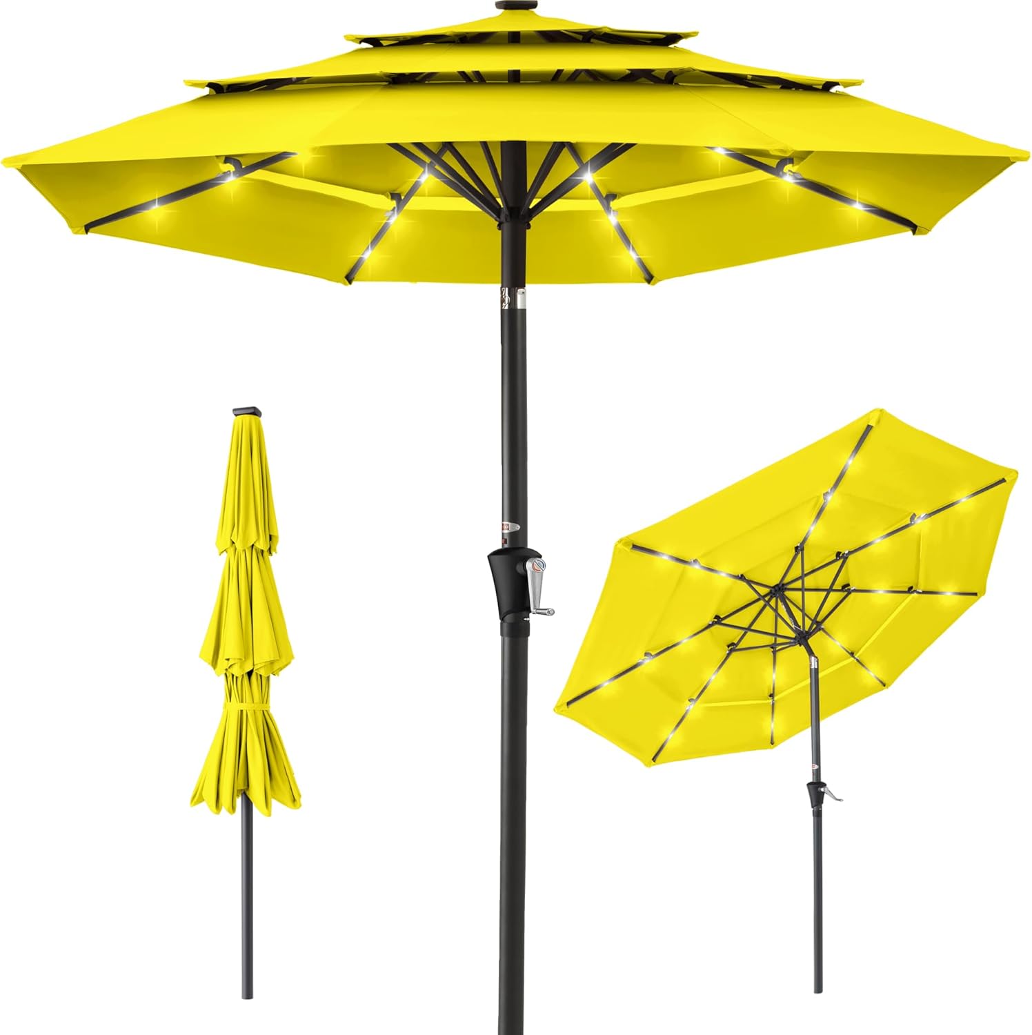 Best Choice Products 10ft 3-Tier Solar Patio Umbrella, Outdoor Market Sun Shade for Backyard, Deck, Poolside w/ 24 LED Lights, Tilt Adjustment, Easy Crank, 8 Ribs