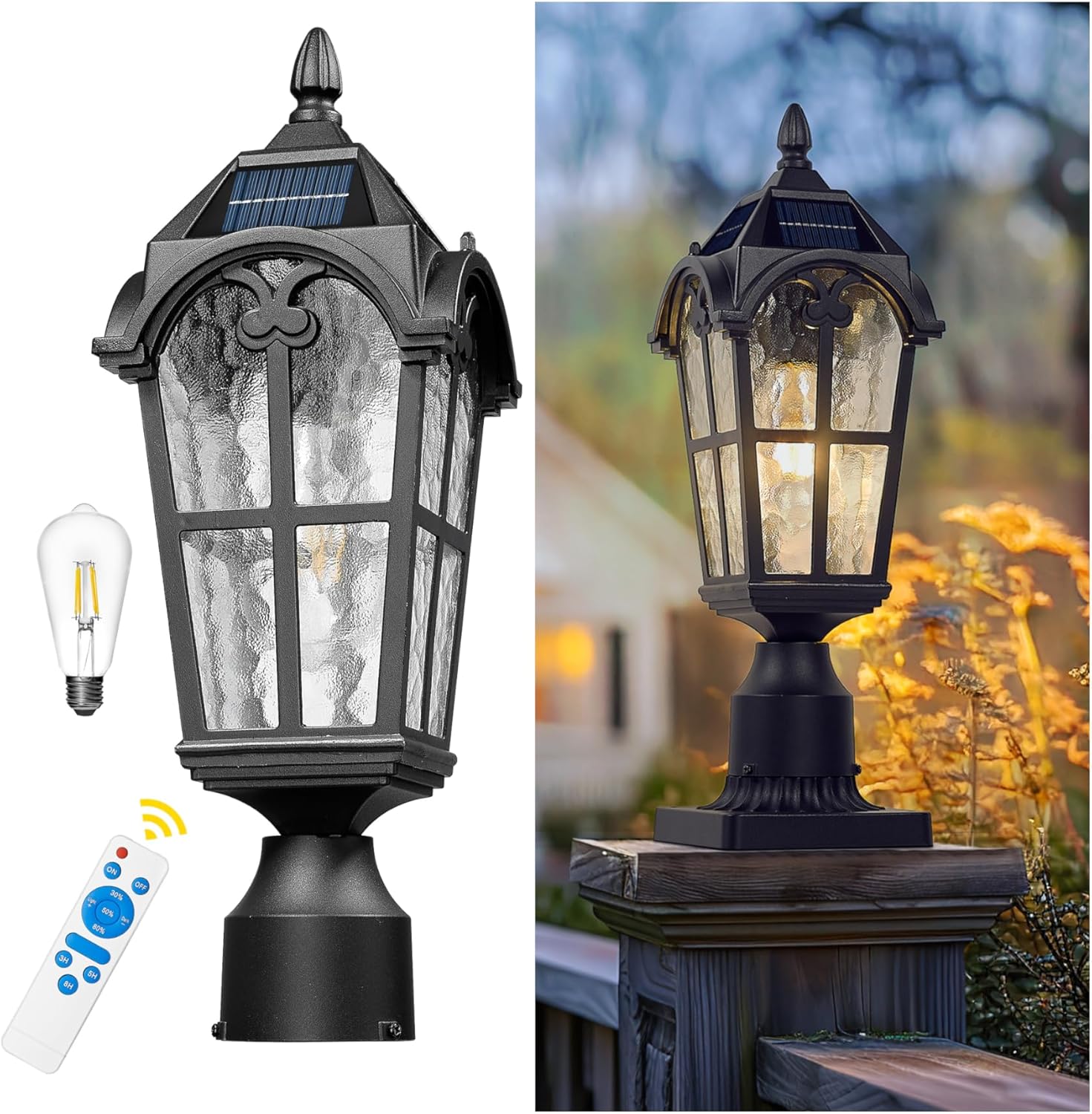 Emliviar 17.3 Inch Solar Lamp Post Light in Black Finish, Dusk to Dawn Outdoor Light Fixture with Remote Control, Pole Light with Water Grain Glass Shade, LED Bulb Included, YXE302P-SL BK