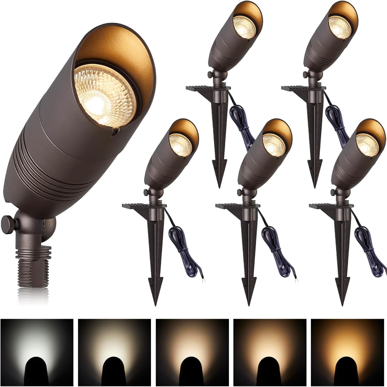 Low Voltage Landscape Spotlights, Outdoor Tree Lights Wired, LED 7W 5CCT Uplighting Outdoor, 12V Landscape Spot Lights for Tree Wall Flag House, Aluminum, Bronze, ETL, Pack of 6