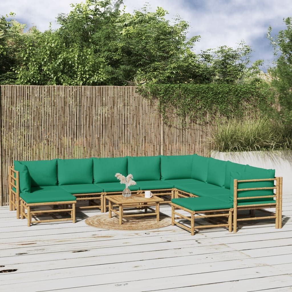 Patio Set 11 Piece Patio Lounge Set with Green Cushions Bamboo
