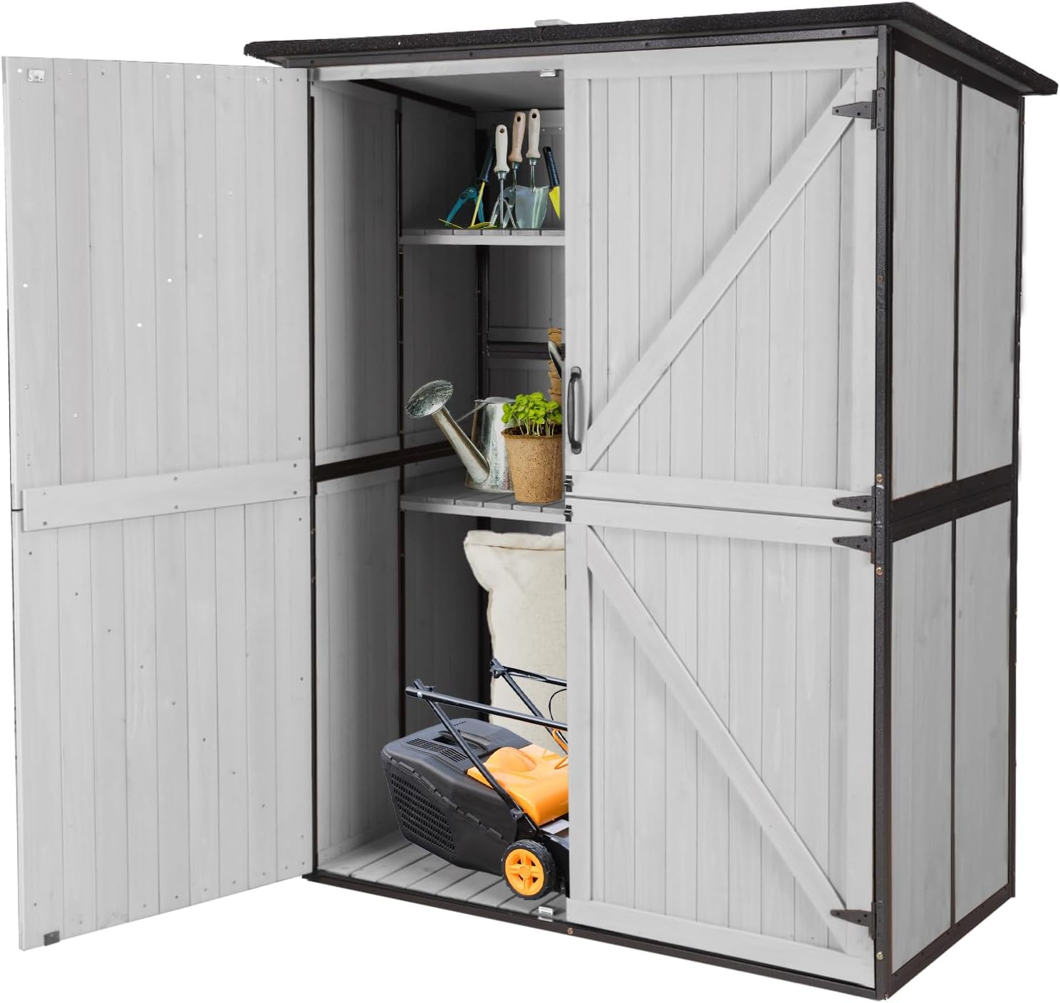 Aivituvin Outdoor Storage Shed with Floor, Garden Tool House with Metal Frame Structure, Large Wooden Cabinet with Adjustable Shelves for Backyard Garden Patio (White)