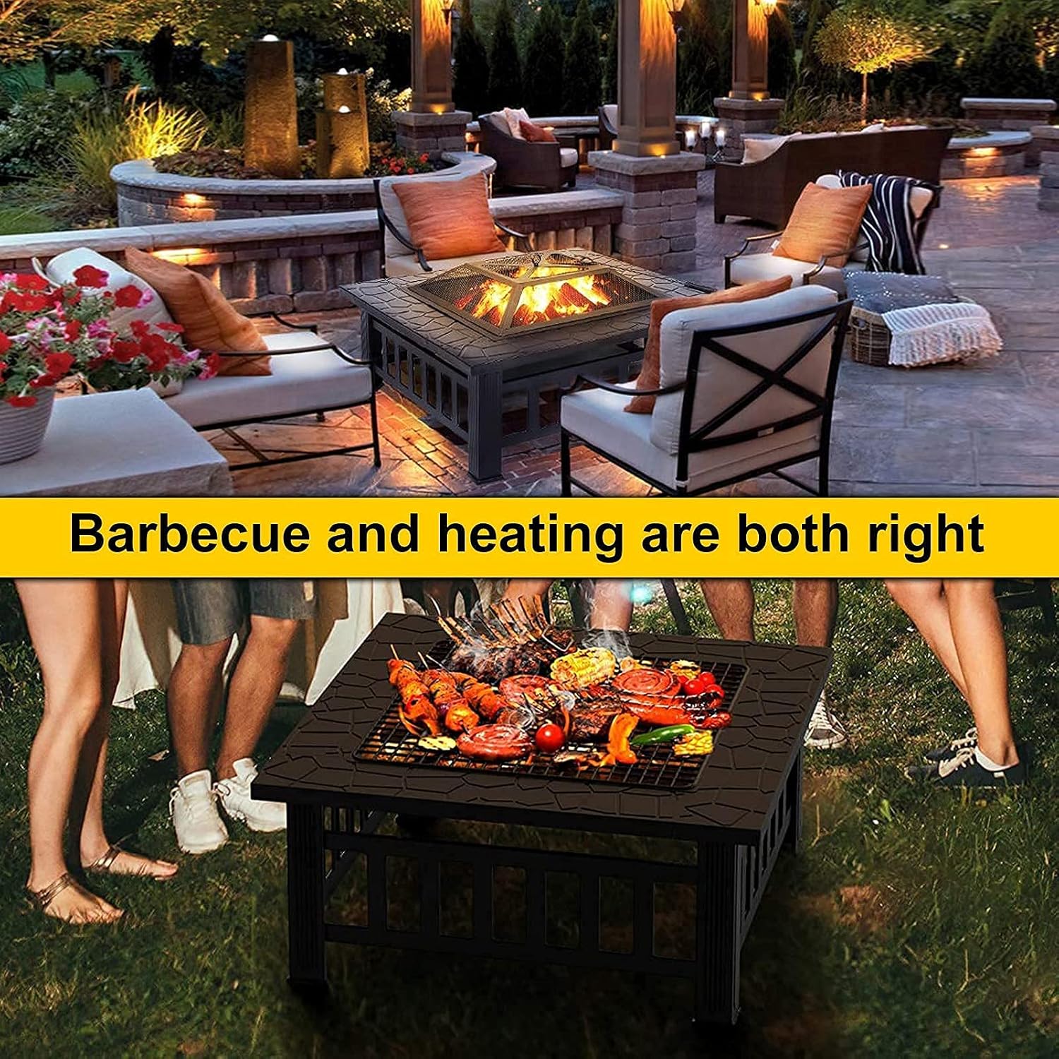 Outdoor Fire Pits for Garden with Uprights Rotisserie,Square Firebowls with Grill,3 in 1 Fire Pit Table/Heaters/Ice Pit for Patio Camping Bonfire,with Mesh Cover Grill Charcoal Nets Poker