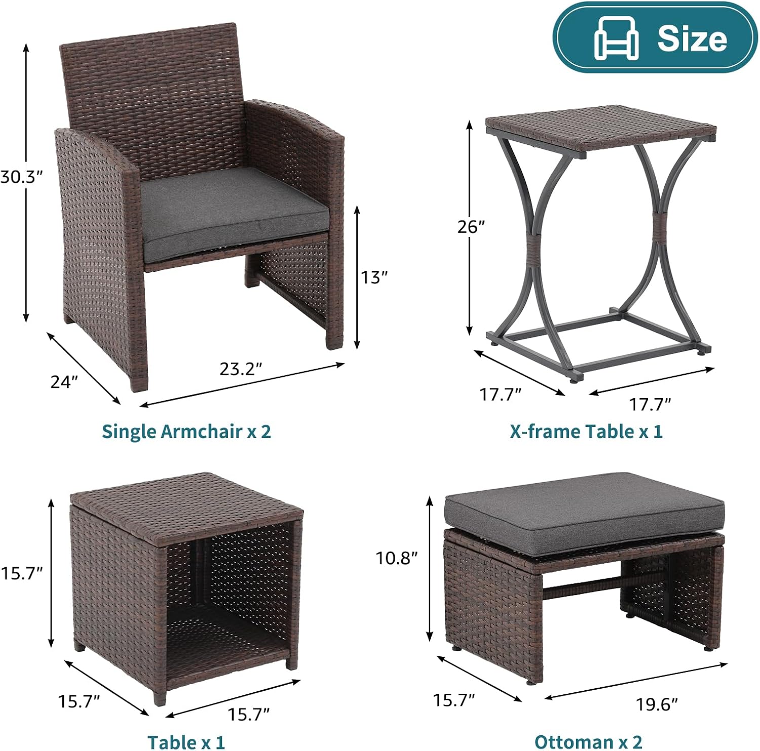 OC Orange-Casual 6 Piece Patio Wicker Furniture Set, Balcony All Weather Rattan Chair, with Space Saving Ottoman, Resin Nesting Coffee Table, Modern Design, Dark Grey