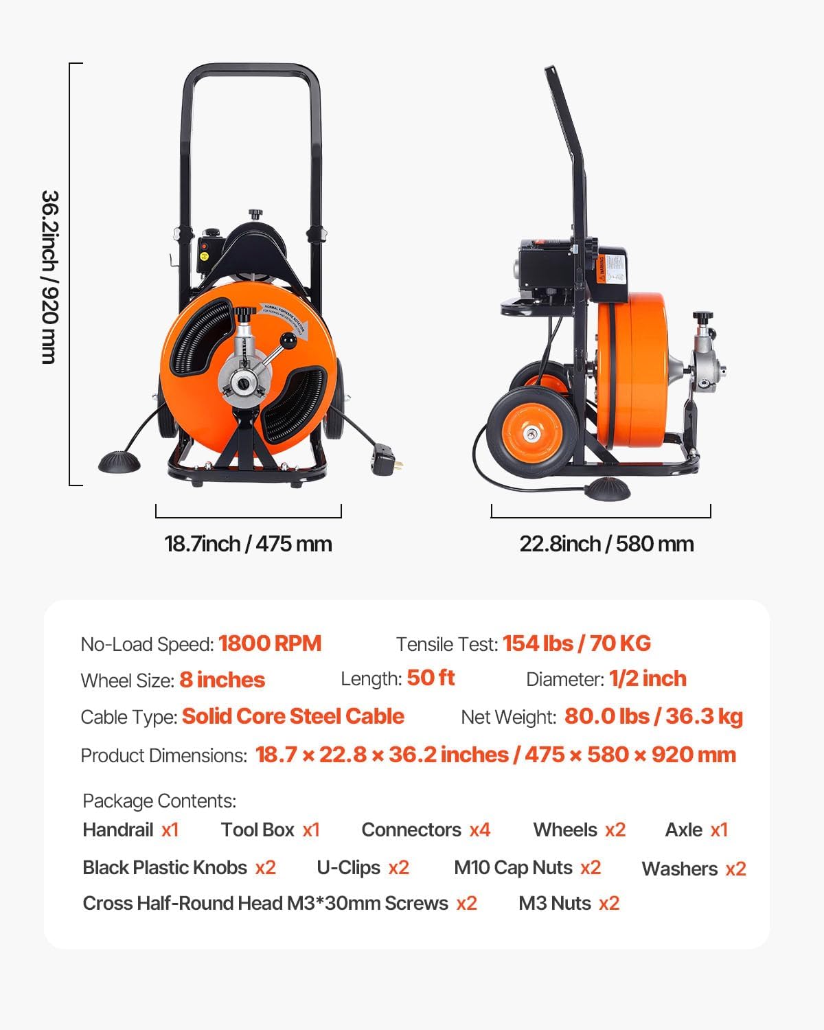 VEVOR Drain Cleaning Machine 50 FT x 1/2 Inch, Sewer Auger Auto Feed with 4 Cutter & Air-activated Foot Switch for 2