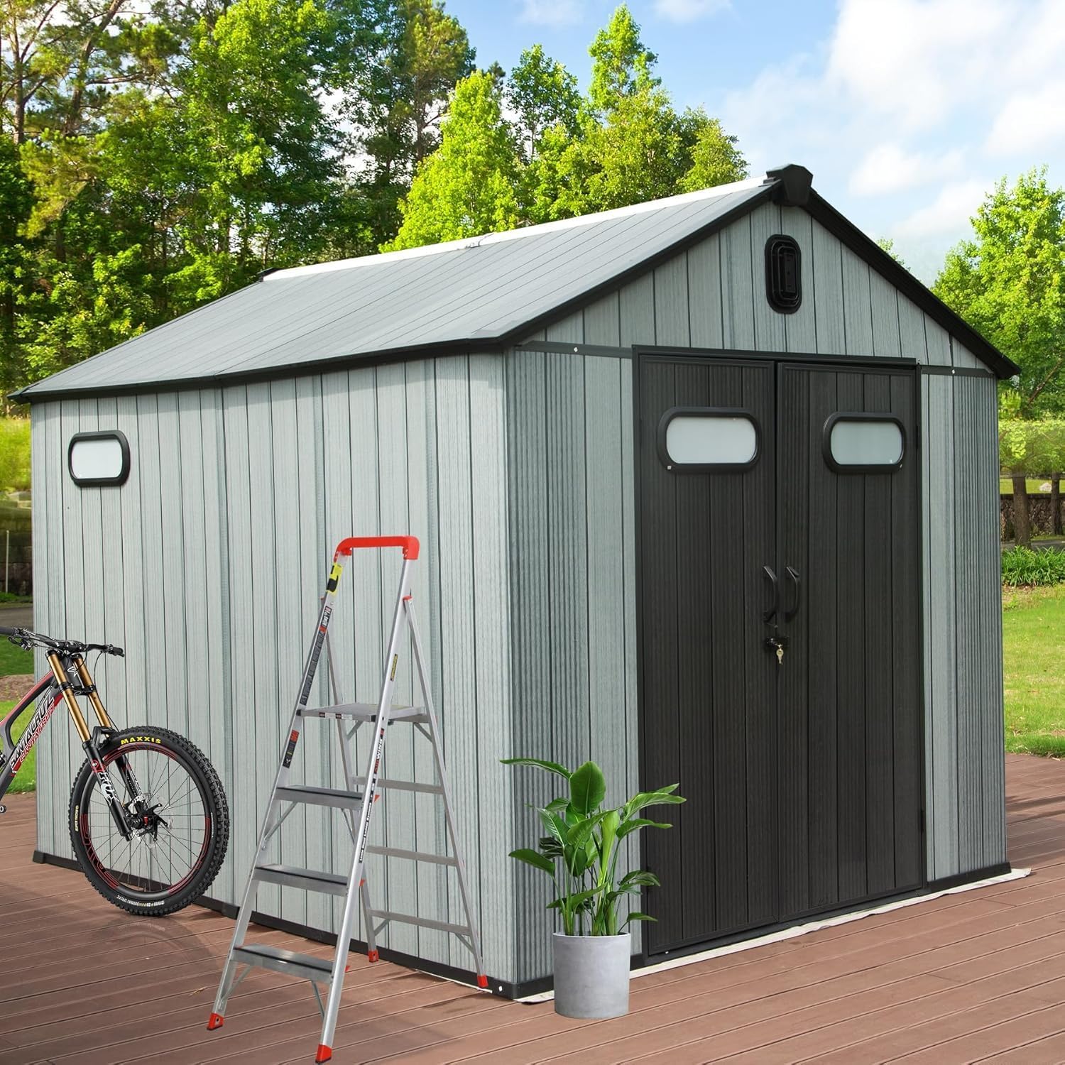 8x12ft Outdoor Resin Storage Shed, Gray Plastic Shed with Lockable Door, Windows Vents – Patio, Lawn Mower, Bike, Tools (1 Doors)