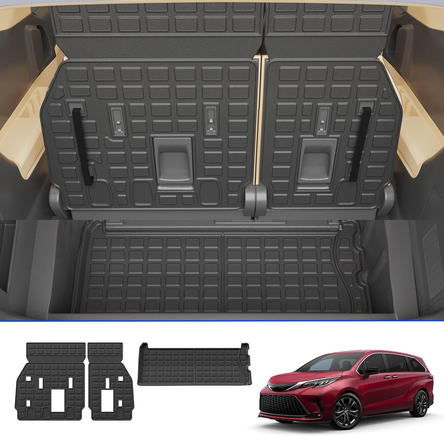 Rongtaod Cargo Mat Compatible with 2021-2025 2026 Toyota Sienna 7&8 Seats Cargo Liner Trunk Liner Trunk Mat 3rd Row Back Seat Cover All Weather 2024 Sienna Accessories (Backrest Mats+runk Mat)