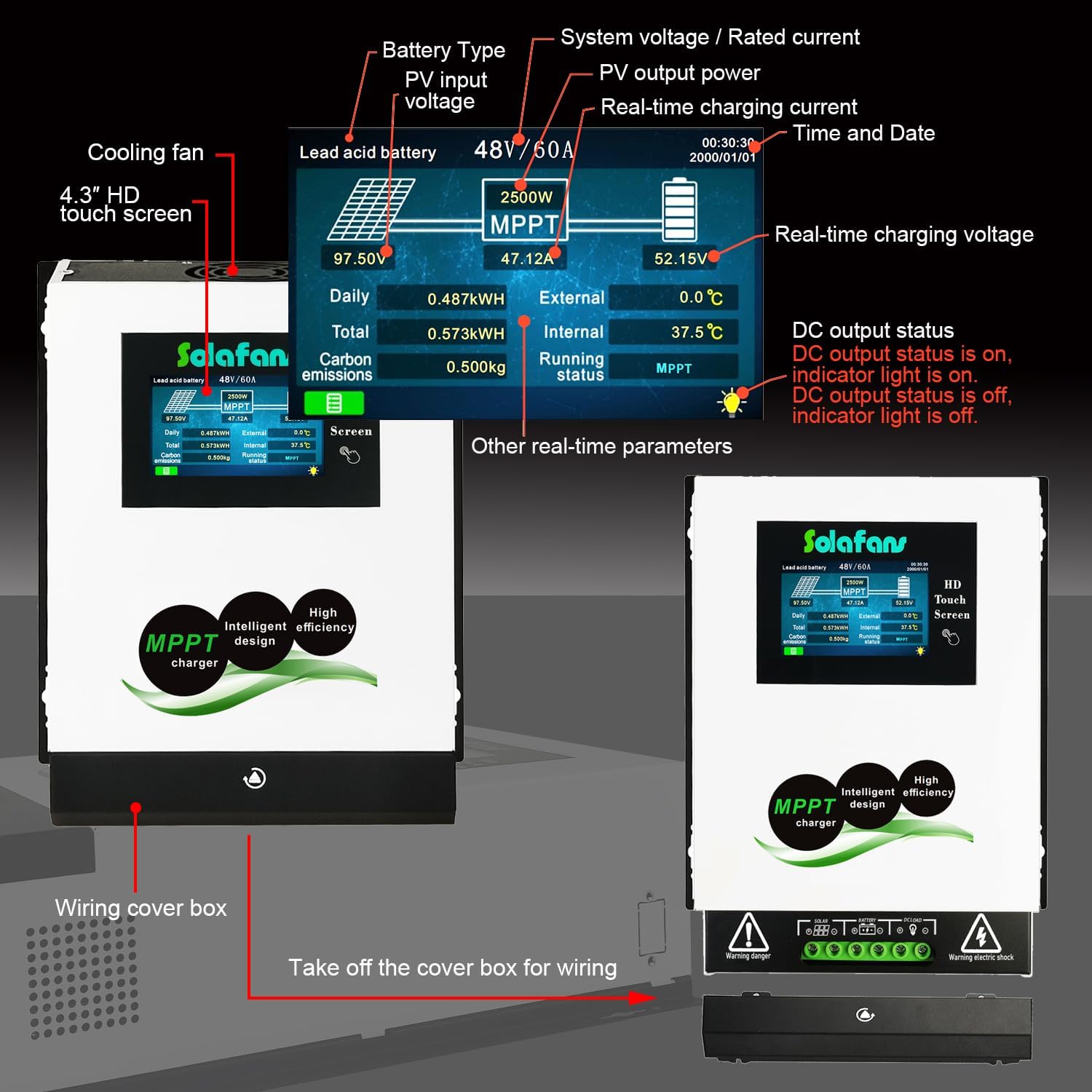 48V 70A HD Touch Screen MPPT Solar Controller 3840W PV DC150V 12V/24V/36V Bluetooth Battery Reactivation with Multi-Language