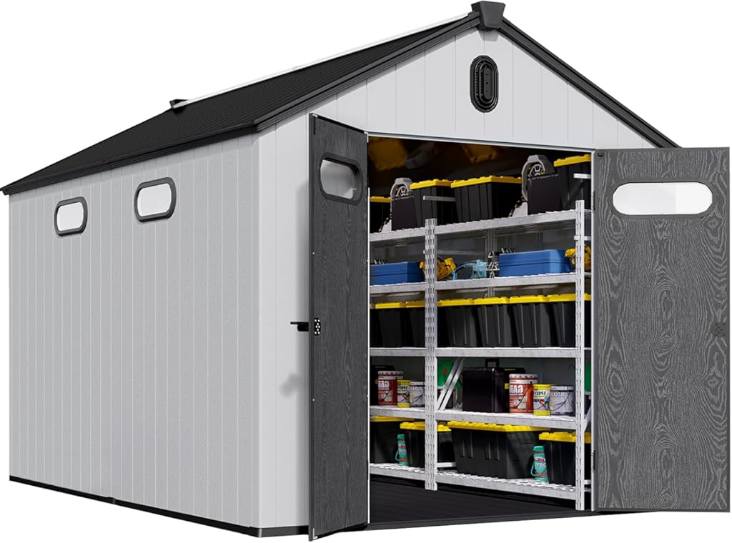 Outdoor Resin Storage Shed with Floor, HDPE Panels Reinforced with Steel, Skylight, Vents, Lockable Doors (12 × 8 ft)
