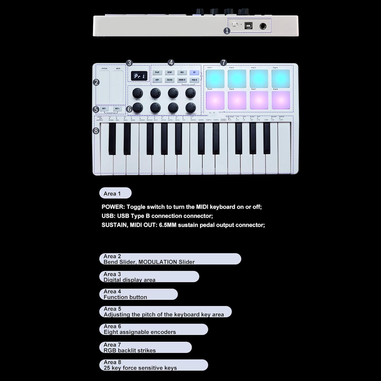 USB MIDI Keyboard Controller, MIDI Keyboard with 8 Beat Pads, 8 Backlit Drum Pads, 8 Assignable Knobs and Music Production Software [ BT Wired Connection ]