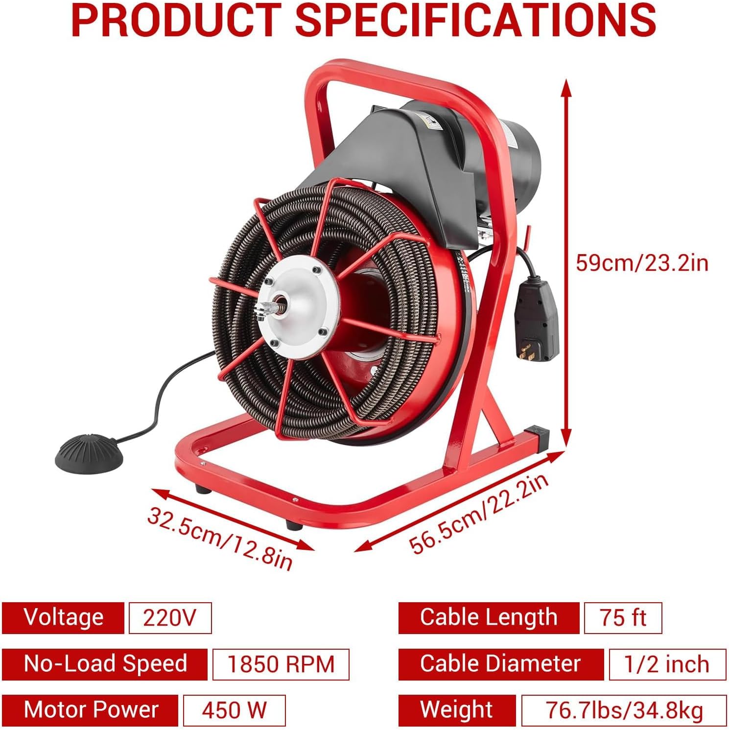 75FT 1/2 Inch Drain Cleaning Machine, Portable Electric Drain Auger with 6 Cutter & Air-Activated Foot Switch, Sewer Snake Drain Cleaner for 1