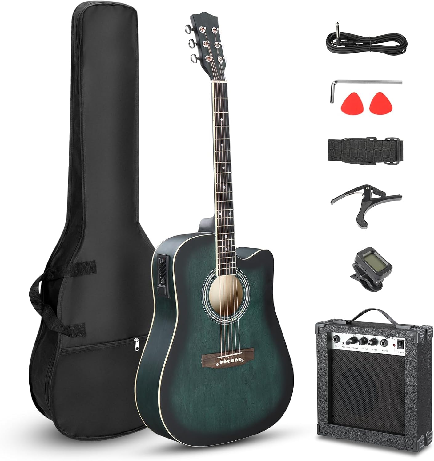 Ktaxon Full-Size Acoustic Electric Guitar with Amp, 41 Inch Basswood Body Guitars Kit for Beginner & Intermediate W/Bag, Strap, and Capo All Accessories Included (Green)