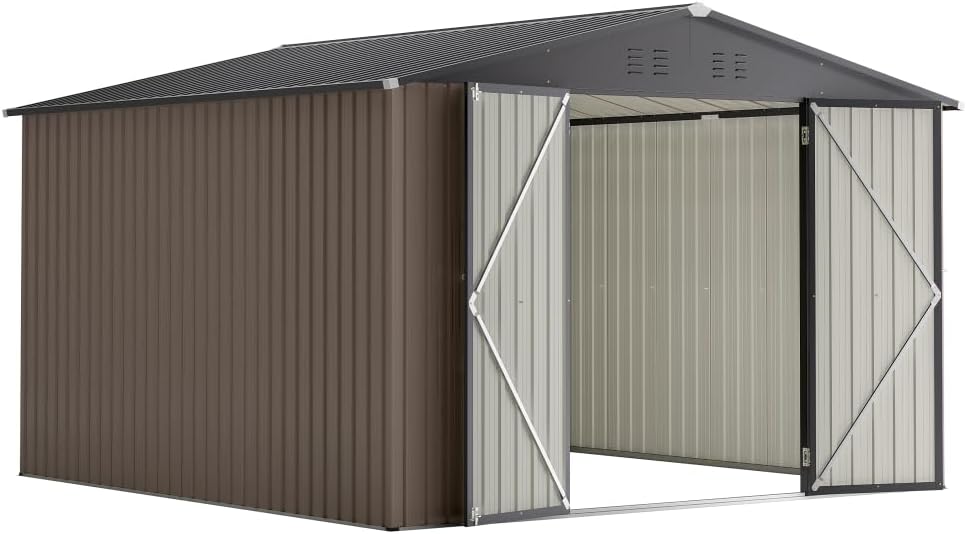 10x8 FT Outdoor Storage Shed – Weatherproof Metal Tool House with Lockable Doors, Heavy-Duty Backyard Equipment Organizer for Garden, Patio, Lawn, Spacious & Easy to Assemble (10x10 ft Brown)