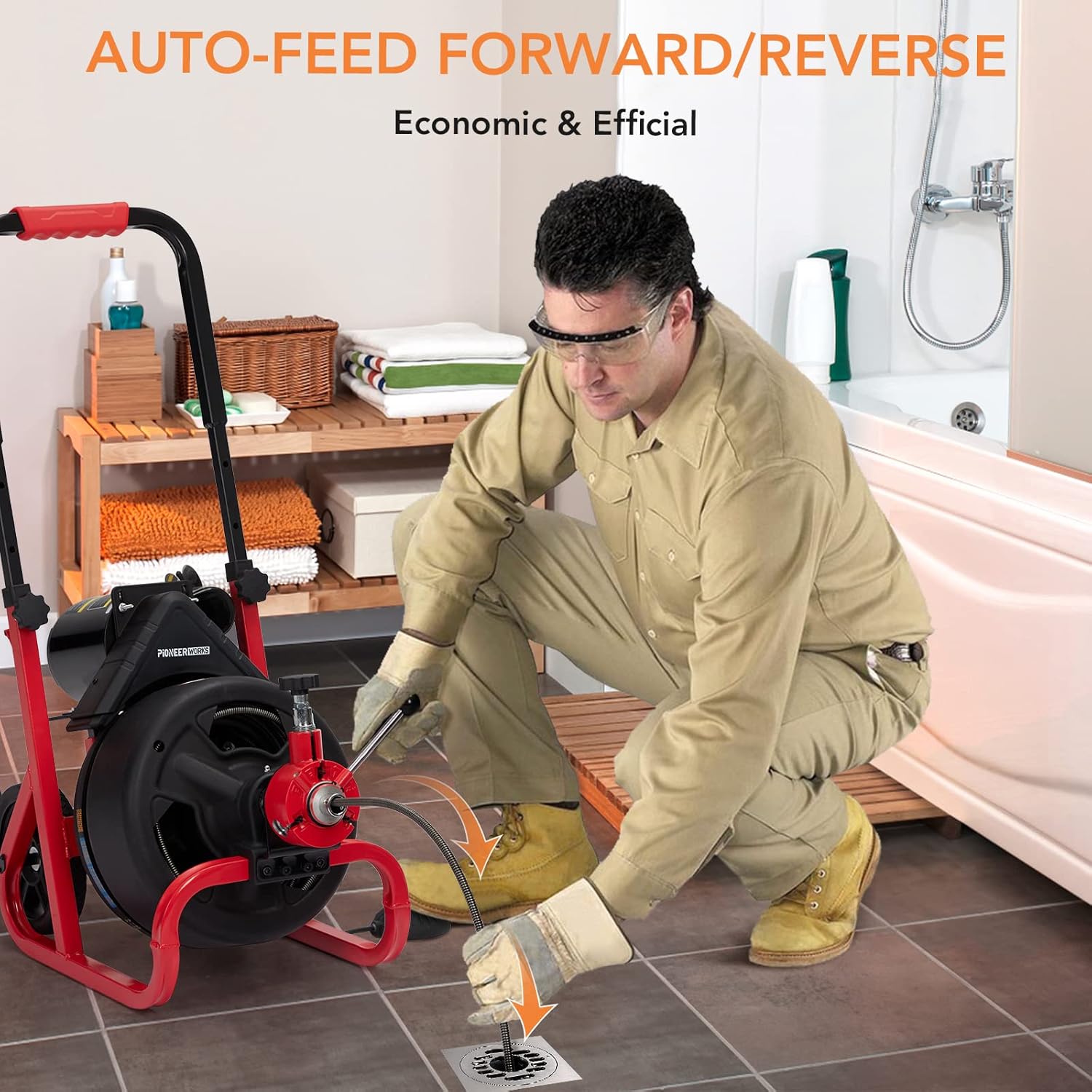 PIONEERWORKS 100Ft x 3/8In Drain Cleaner Machine, Auto-feed Electric Drain Auger Professional 6.8A, Air-Activated Foot Switch, with 6 Cutters, Glove, Drain Auger Cleaner Sewer Snake