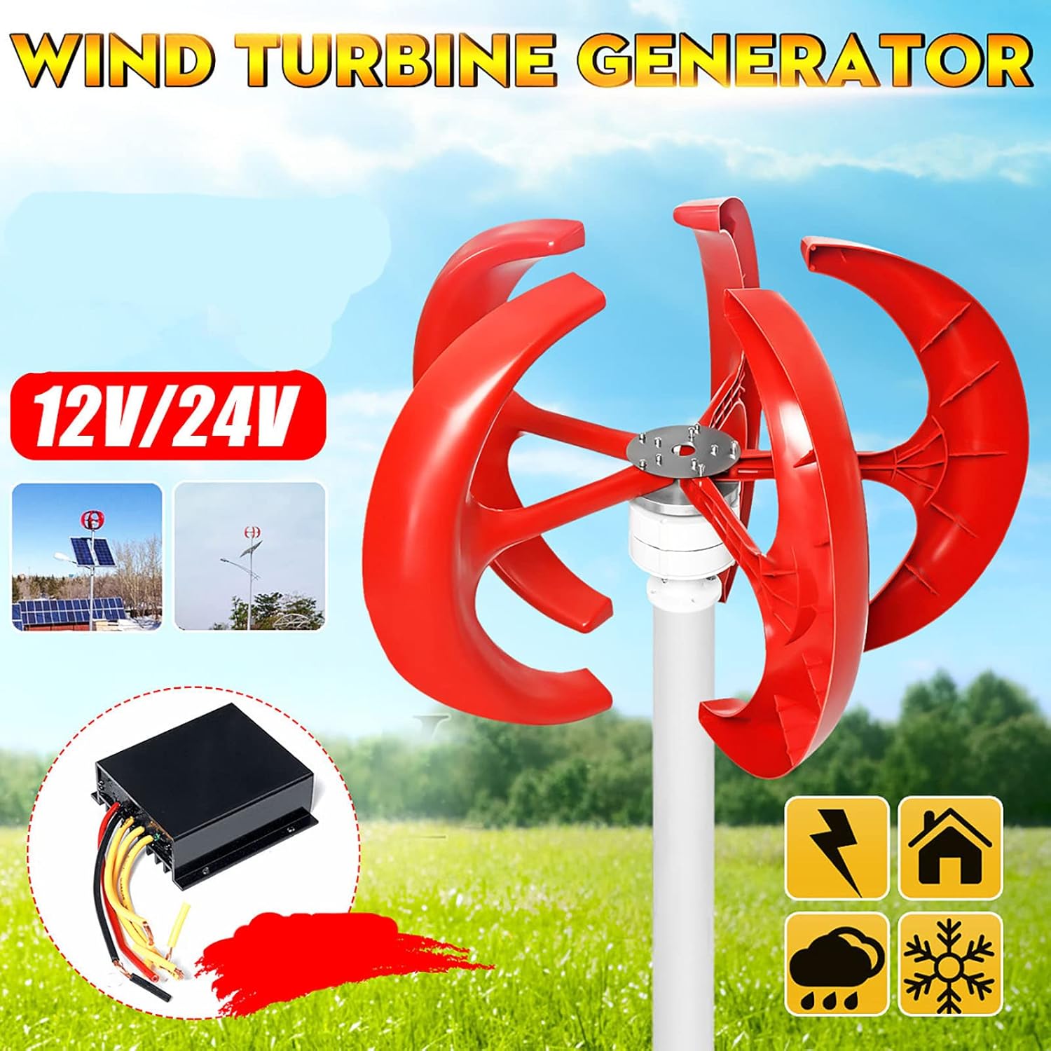 8000W Wind Vertical AC Generator,12V/24V 3 Phase AC Permanent Magnet Wind Turbine Kit with Controller for Hybrid Wind Solar System(Red)