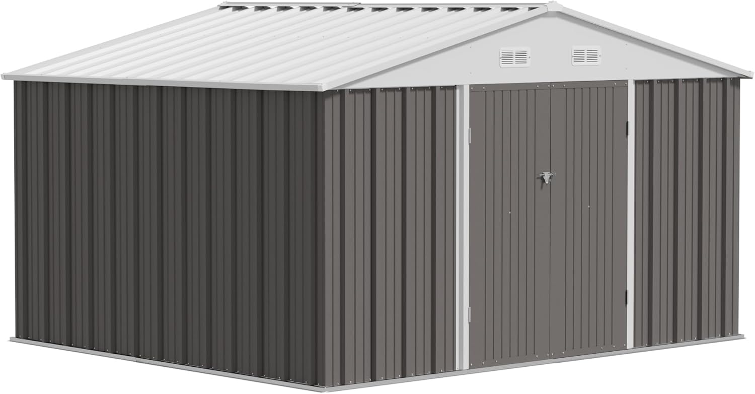 JUMMICO 10.1x8.1 FT Metal Outdoor Storage Shed,Waterproof Garden Tool Shed Storage House with Lockable Door for Backyard Patio Lawn, Gray