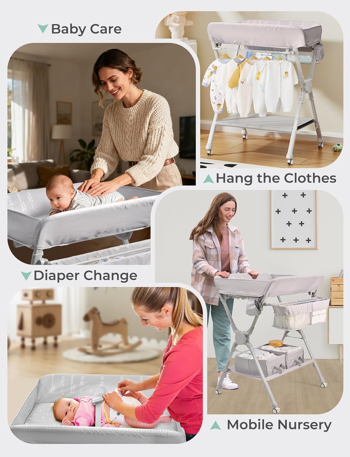 Baby Changing Table, Auto Warmer Portable Folding Changing Table with Wheels, Waterproof Diaper Changing Station with 2 Drawers, Adjustable Height, Baby Changing Station for Infant, Newborn
