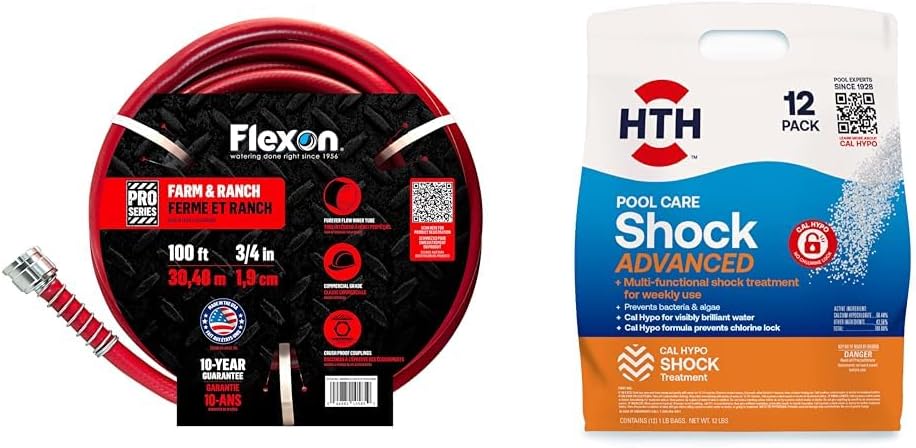 Flexon 100 ft Farm and Ranch Garden Hose Bundle with 12 Pack HTH Swimming Pool Shock Treatment