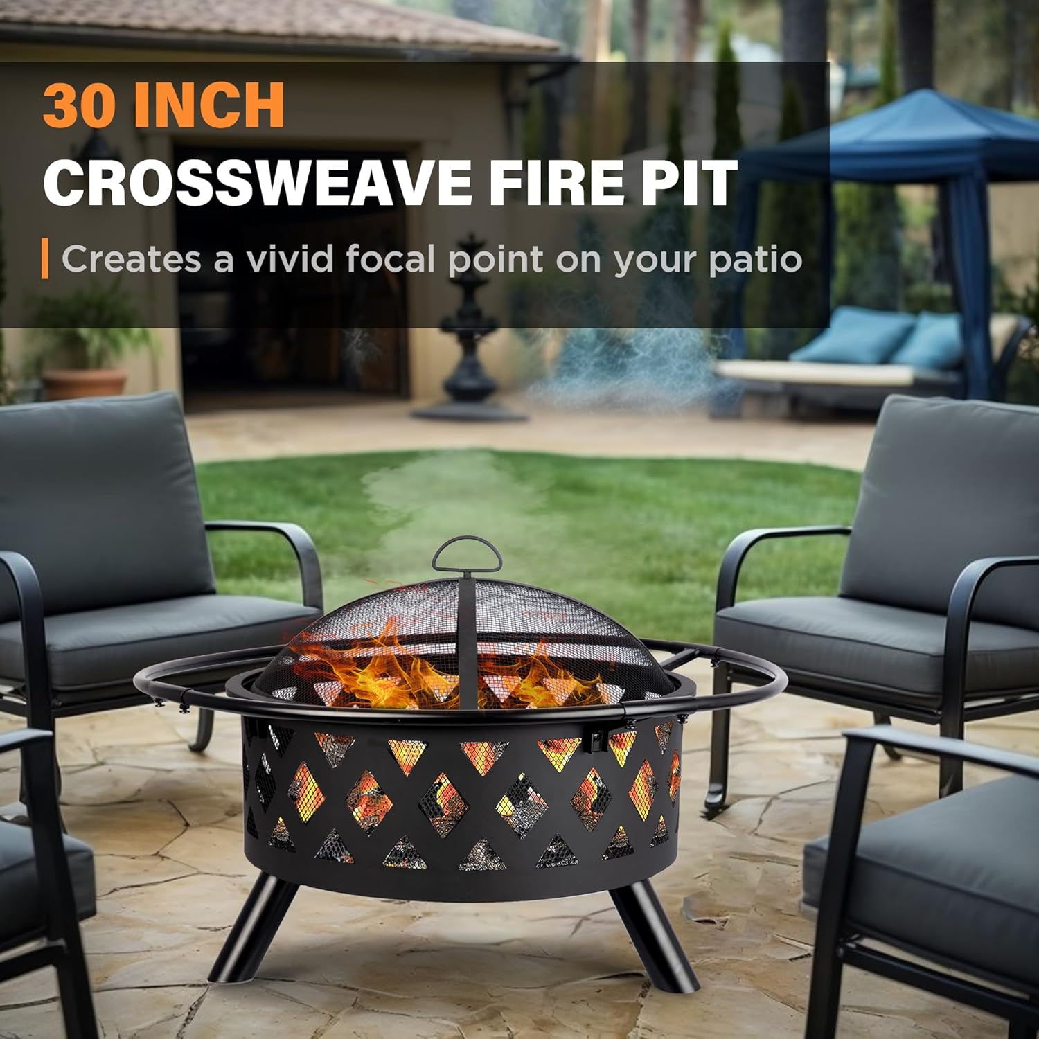Bestier 30 inch Crossweave Outdoor Fire Pit - Wood Burning Fire Pit for Outside with Spark Screen, Poker and Round Cover
