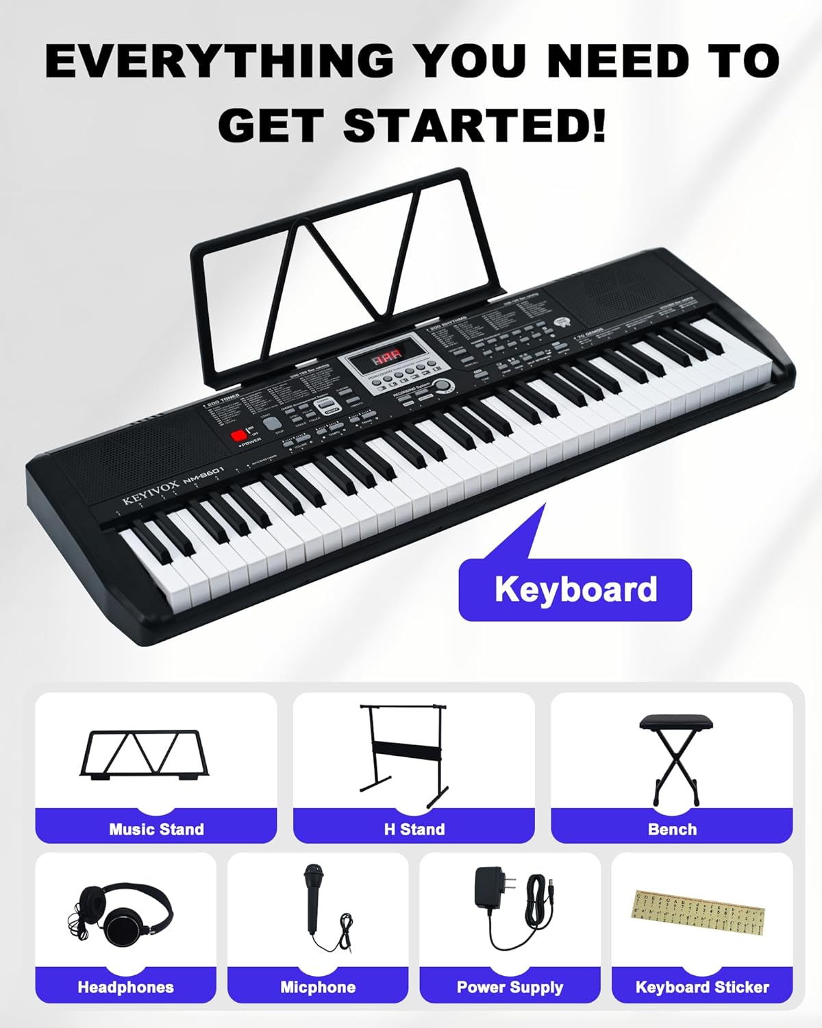 61 Key Electronic Piano Keyboard for Beginners, 200 Tones & Rhythms, with H Stand, Stool, Headphones, Microphone, Piano Note Stickers
