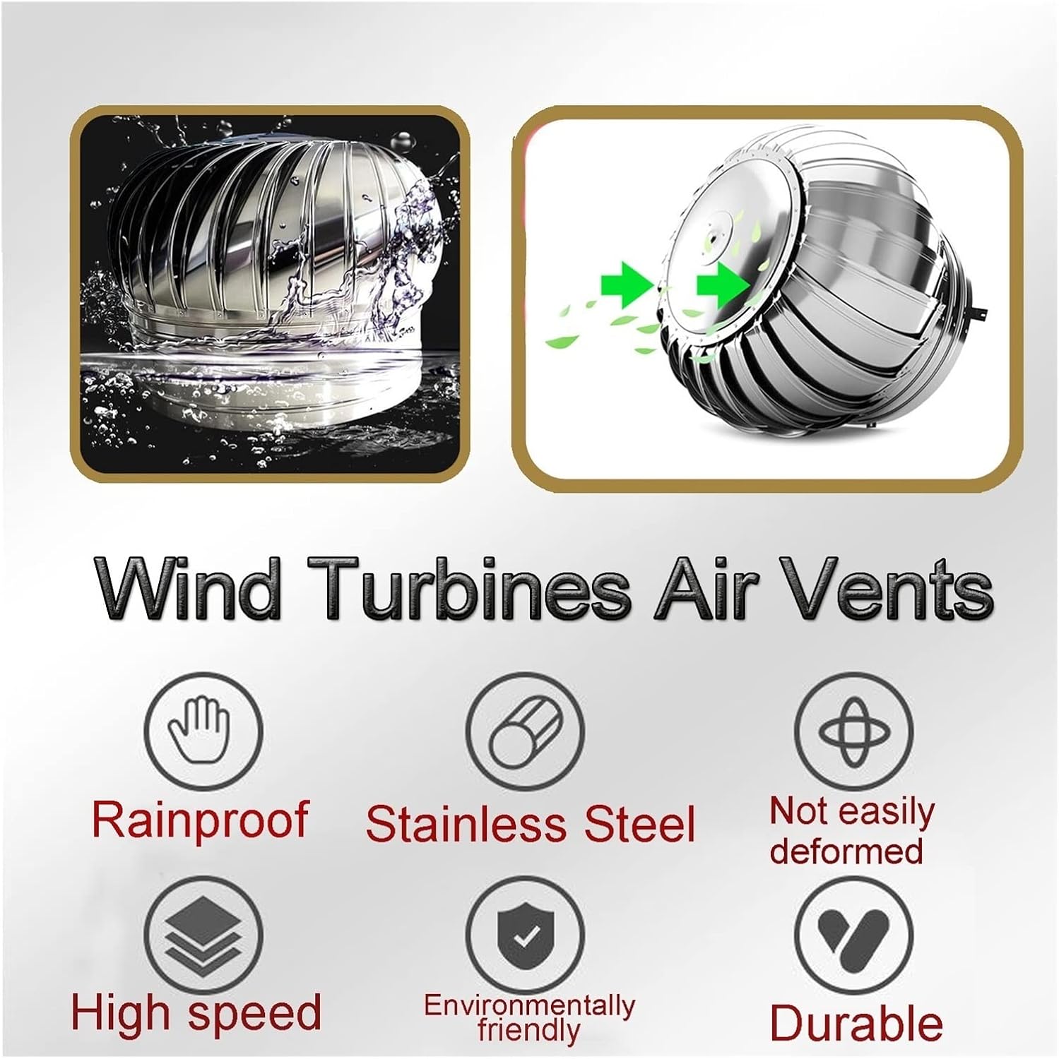 Internally Braced, Wind Turbines Whirlybird Turbines, Cap Vent Round, Can Be Used for Office Space, Public Environment Ventilation and Air Exchange, Smooth Surface (Silver 250mm(10in))