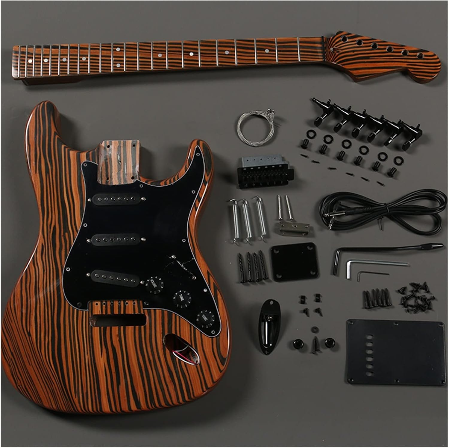 TSTS Right-Hand Unfinished Electric Guitar Builder Kit Pickups Hardware Zebrawood Body Neck&Fingerboard Unfinished Electric Guitar Kit