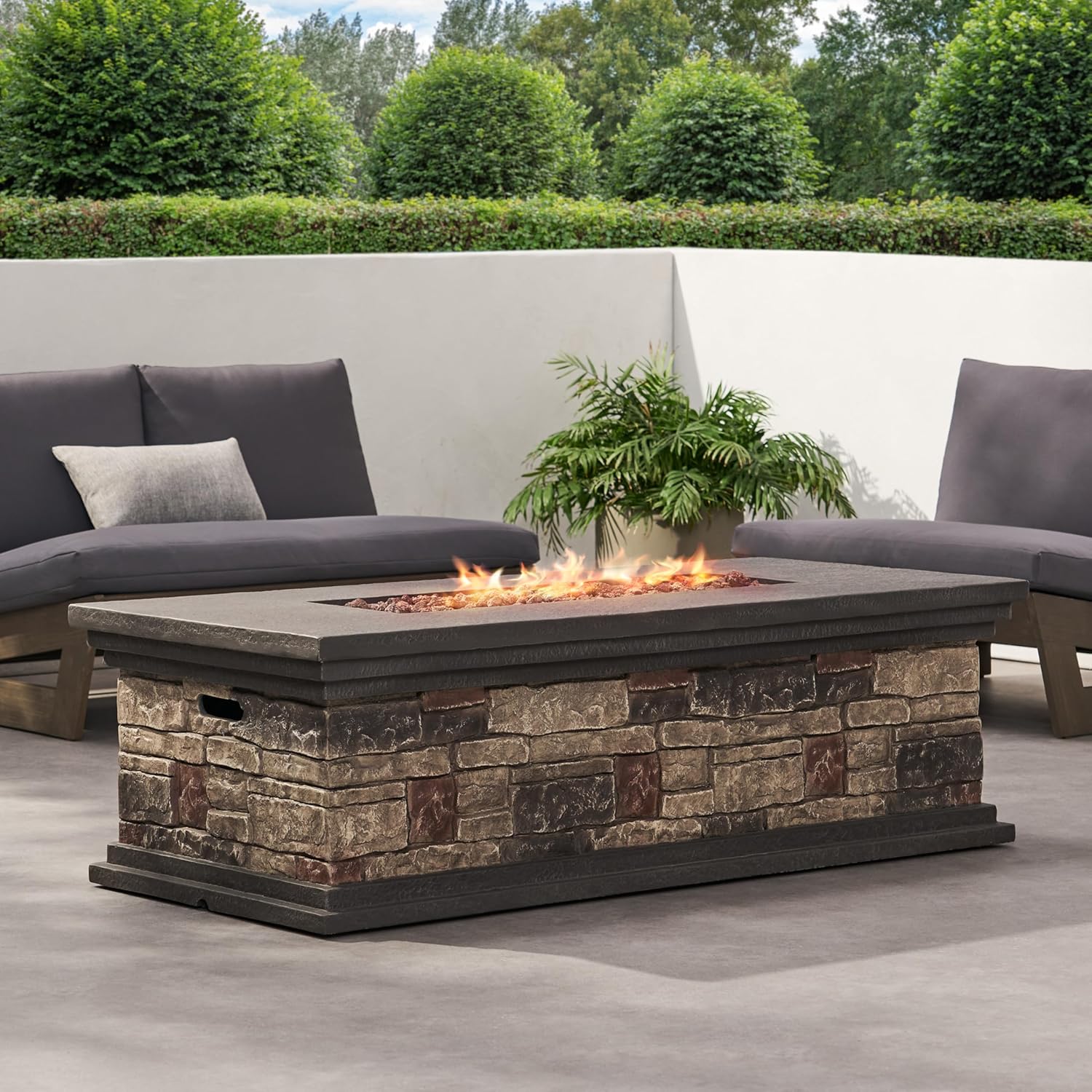 Stone Gray Rectangle Fire Pit – 50,000 Btu Outdoor Propane Fire Pit with Lava Rocks, Durable Steel Construction, Easy Ignition, Patios Backyards (1 Doors)
