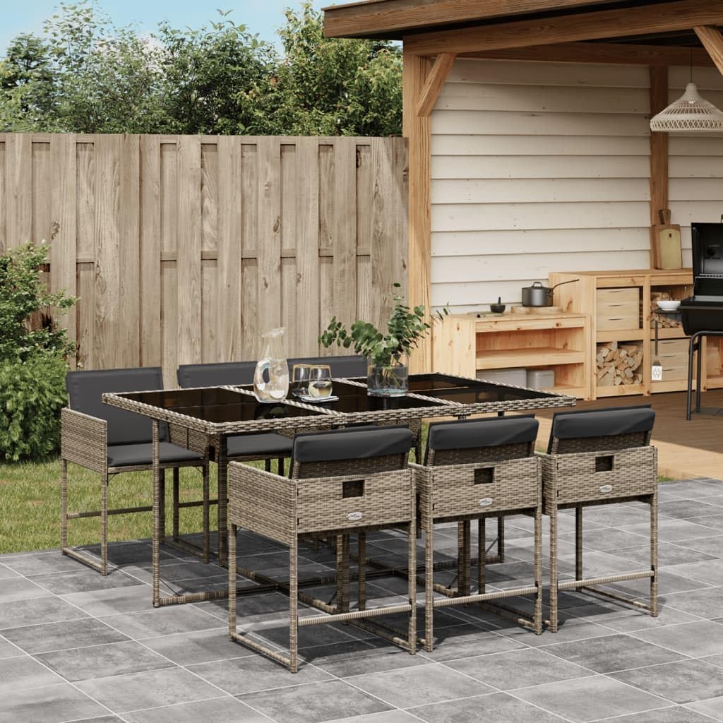 Furniture Sets 7 Piece Patio Dining Set with Cushions Gray Poly Rattan,Comfortable Outdoor Dining Set with Durable Rattan and Glass Tabletop Garden Conversation Sets