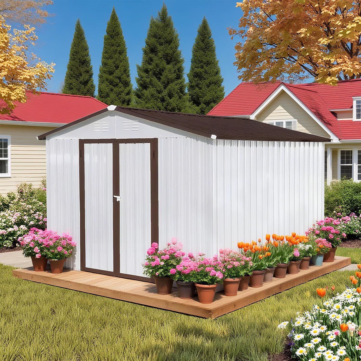 10 x 8 FT Outdoor Storage Shed, Metal Garden Tool Shed with 2 Air Vents, Lockable Doors and Sloped Roof, Waterproof Bike shed Easy to Assemble for Lawn, Patio, Backyard, White