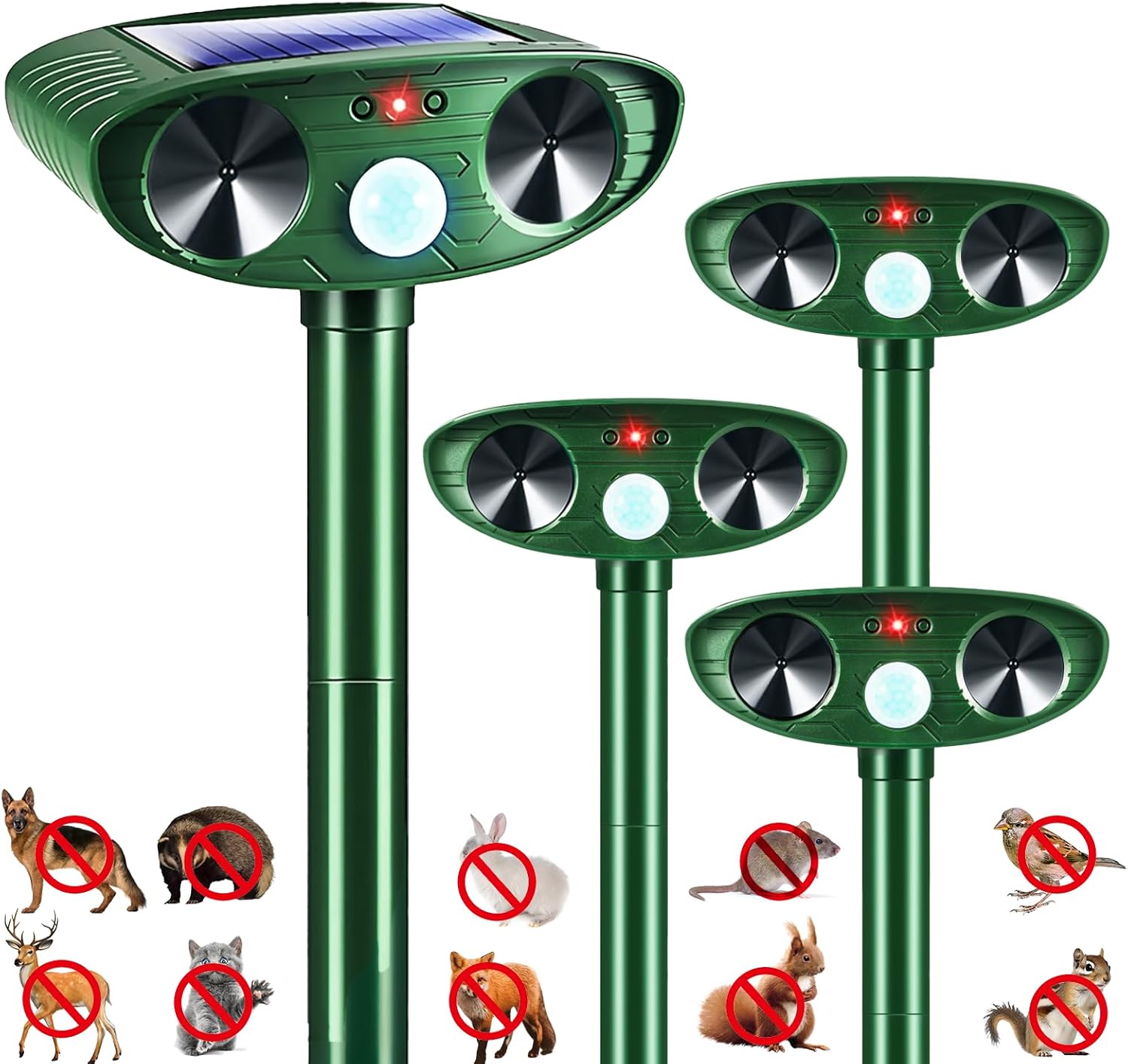 4 Pack 2026 Solar Ultrasonic Animal Repellent Outdoor Cat Squirrel Deer Repellent Devices Rabbit Deterrent for Garden,Animal Repeller with Motion Sensor for Dog Skunk Raccoon Rabbit Rodent