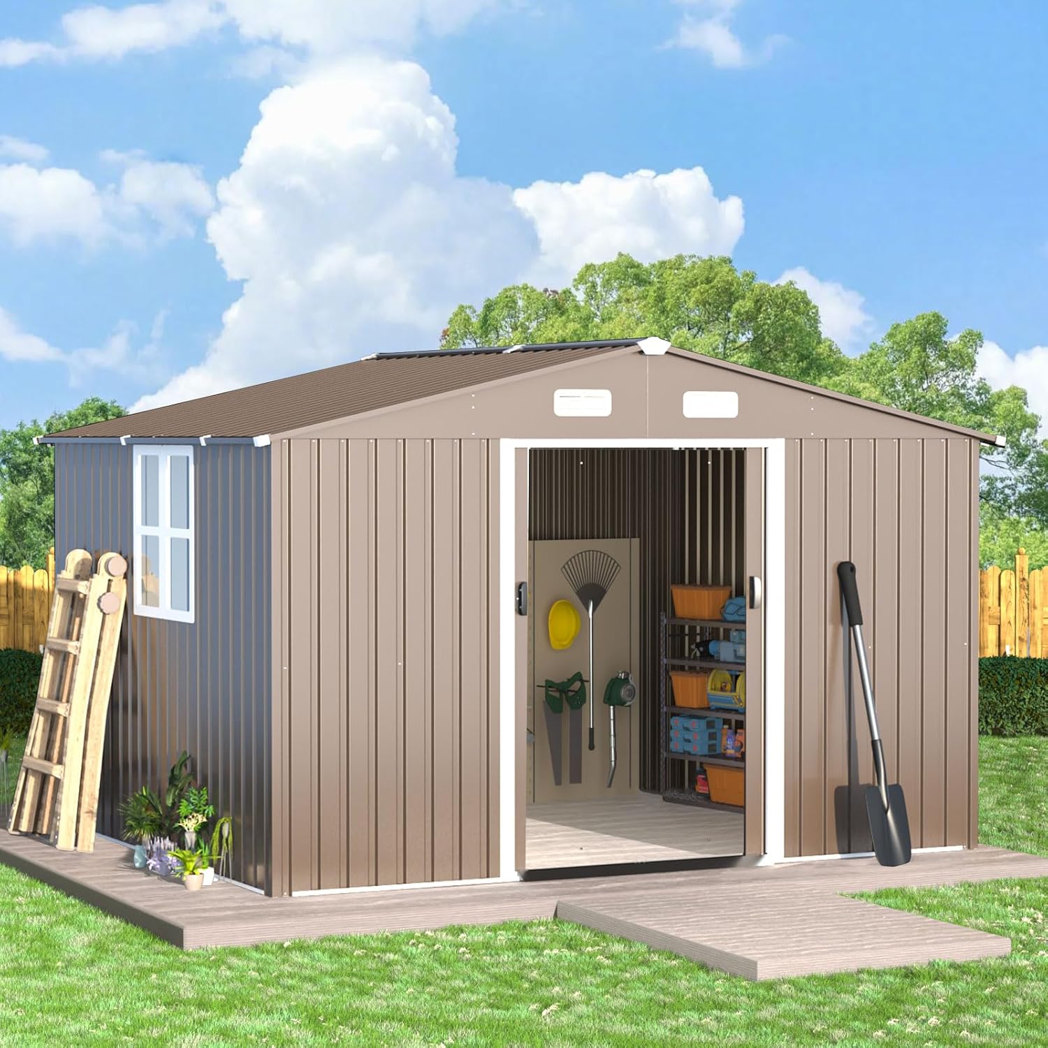 ALAULM 10'x8' Outdoor Storage Shed Outdoor Galvanized Metal Tool Shed with Vents & Sliding Door, Waterproof Garden Shed for Patio,Lawn,Backyard to Store Bikes,Tools-Brown