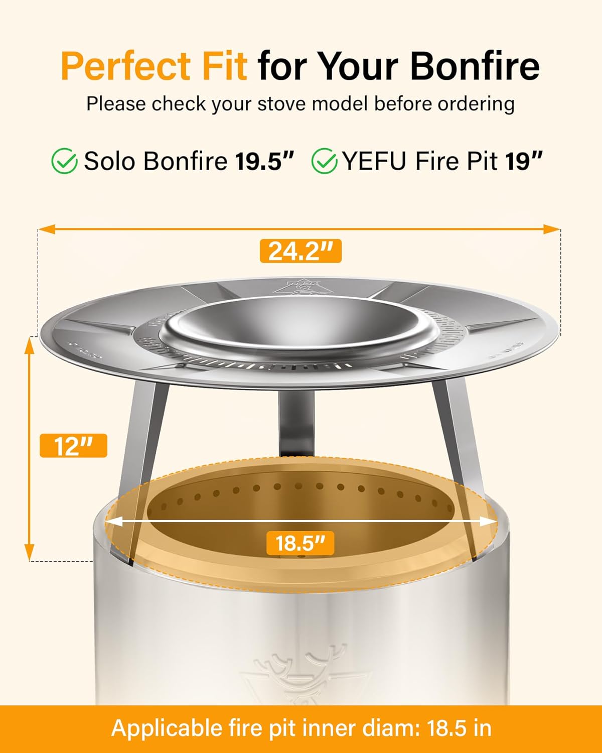Heat Deflector for Solo Stove Bonfire: Portable 304 Stainless Steel Bonfire Heat Deflector - Fire Pit Heat Diffuser for Solo Stove Accessories Easy to Install & Remove Detachable Legs - 24.5 x 12 in