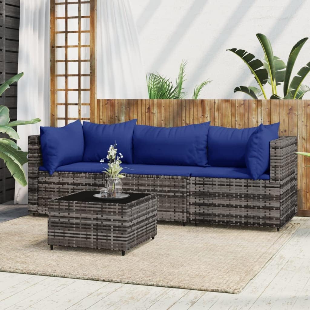 4 Piece Patio Lounge Set with Cushions Gray Poly Rattan, Patio Lounge Set: Modern Elegance and Comfort for Outdoor Living Patio Furniture & Accessories, Outdoor Seating
