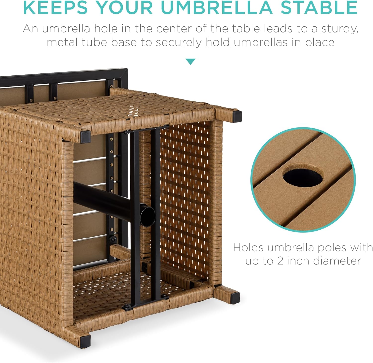 Best Choice Products Wicker Side Table with Umbrella Hole, Square PE Rattan Outdoor End Table for Patio, Garden, Poolside, Deck w/UV-Resistant Frame, Storage Space - Natural