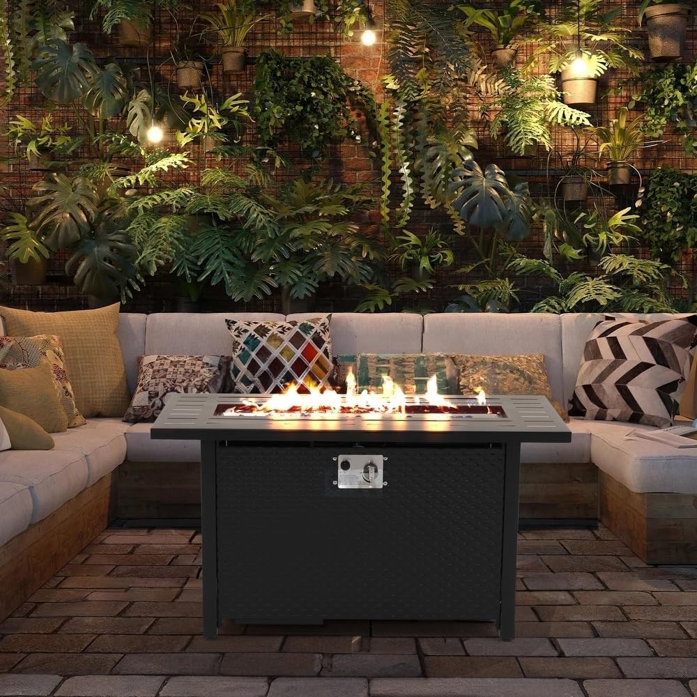Outdoor Btu Rectangular 45â€ Propane Fire Pit Table with Glass Wind Guard for Patio Deck Backyard Black Rectangle Abs Oak Finish